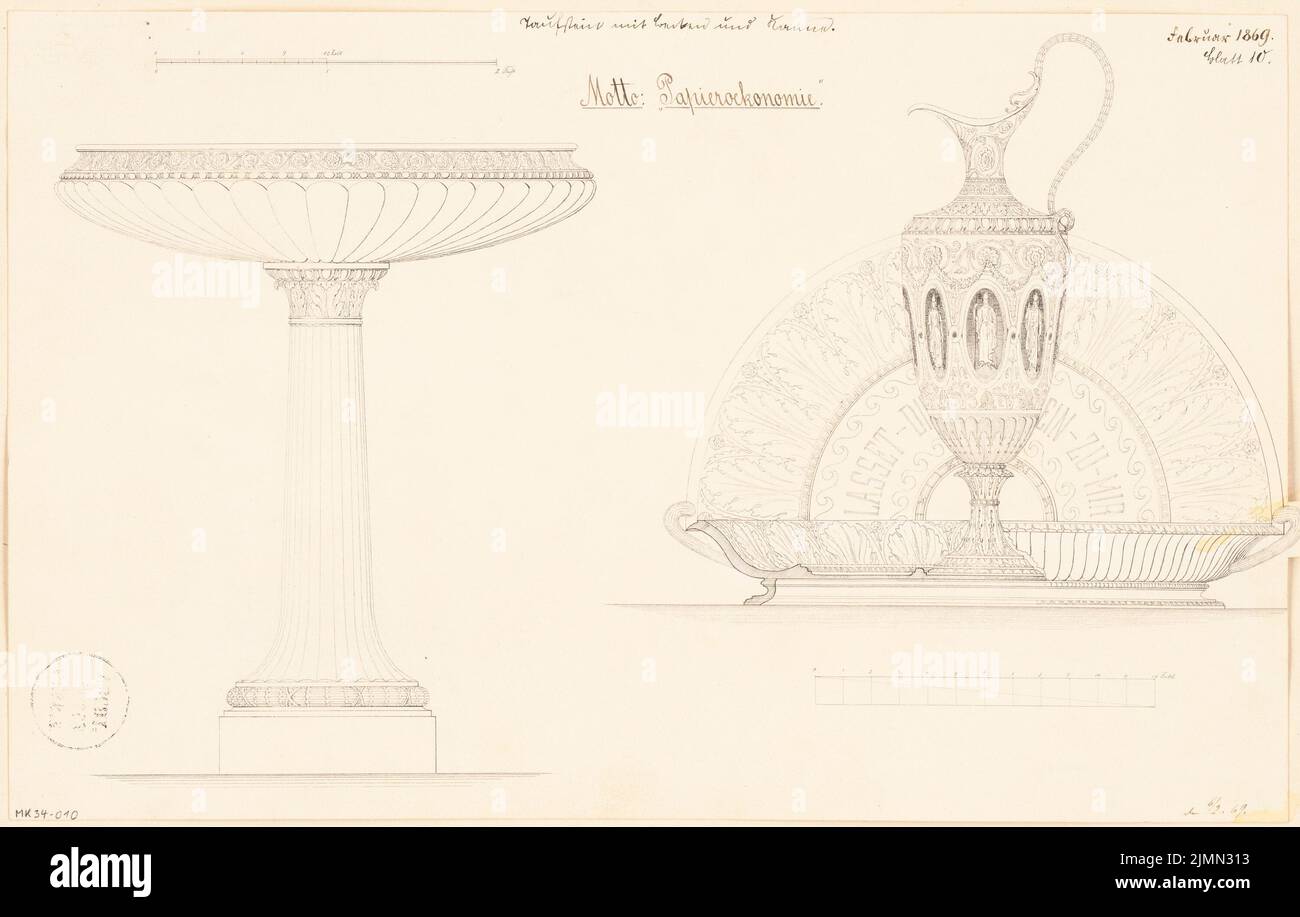 Unbekannter Architekt, Taufbecken mit Becken und Krug. Monatlicher Wettbewerb 1869. Februar (02,1869): Seitenansicht des Taufbecken, Seitenansicht des Kännchens, Schnitt und Oberansicht der Schale; Streifen im Maßstab 2. Tinte auf Karton, 28,1 x 44,2 cm (einschließlich Scankanten) Stockfoto
