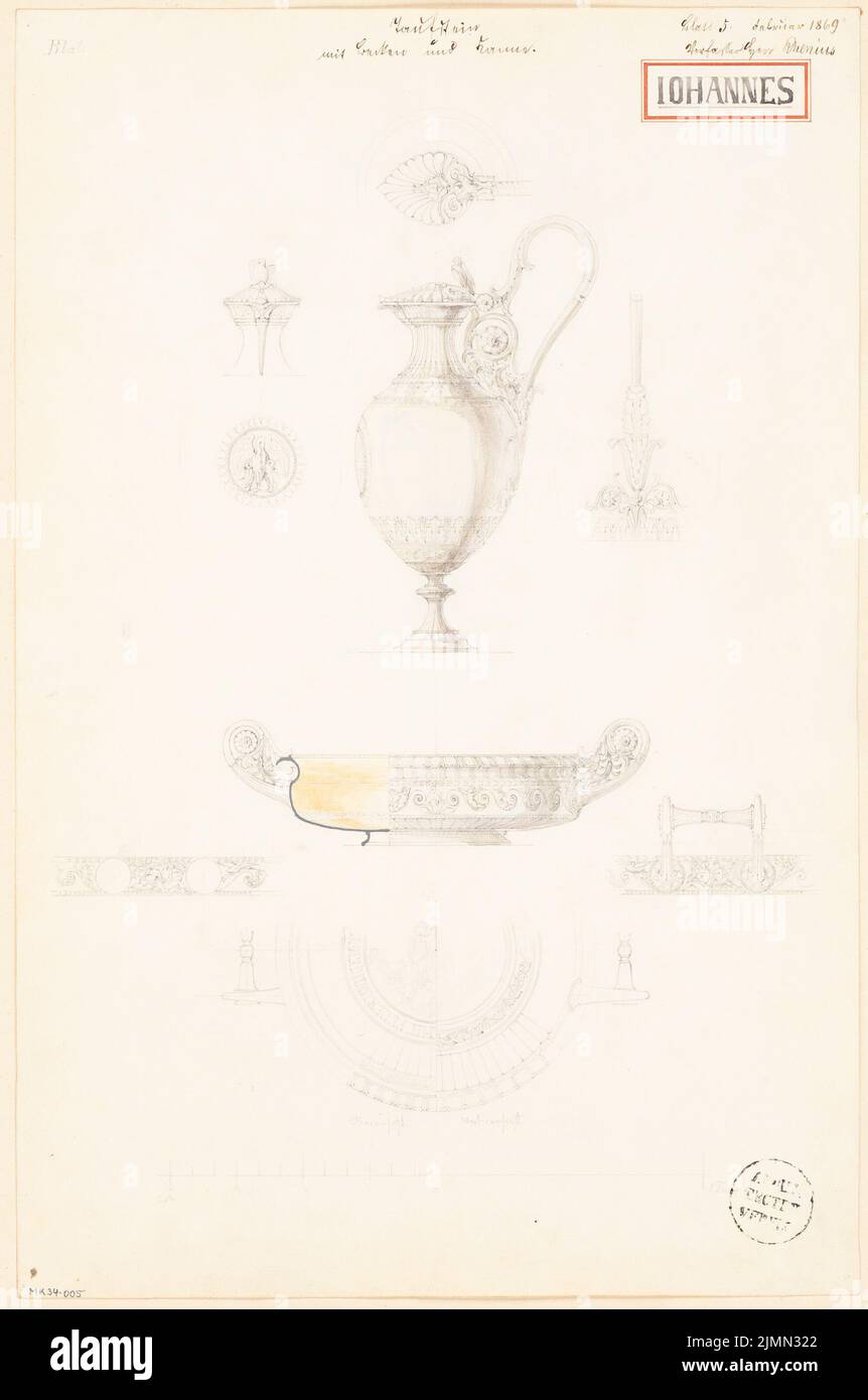 Rhenius Wilhelm, Taufbecken mit Becken und Krug. Monatlicher Wettbewerb Februar 1869 (02,1869): Seitenansicht von Krug und Schale mit Details: Skala bar. Bleistift, wasserfarben auf Papier, 50,9 x 33,8 cm (einschließlich Scankanten) Stockfoto