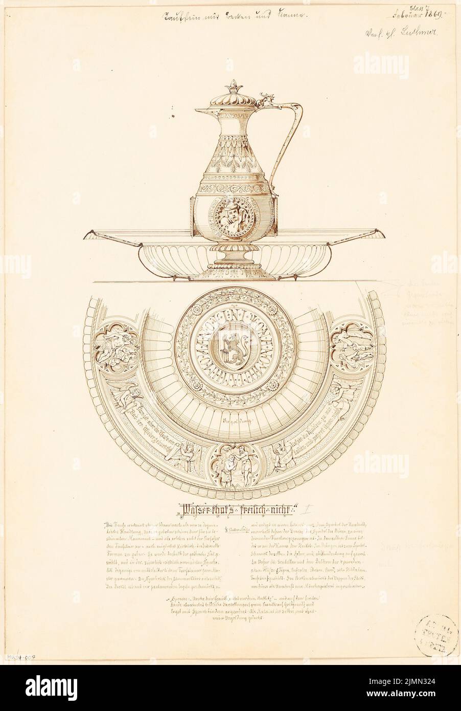 Luthmer Ferdinand (1842-1921), Taufbecken mit Becken und Krug. Monatlicher Wettbewerb Februar 1869 (02,1869): Variante I: Seitenansicht des Kännchens, Schnitt und Draufsicht der Schale; Erklärungstext. Tinte auf Karton, 49,4 x 34,3 cm (einschließlich Scankanten) Stockfoto