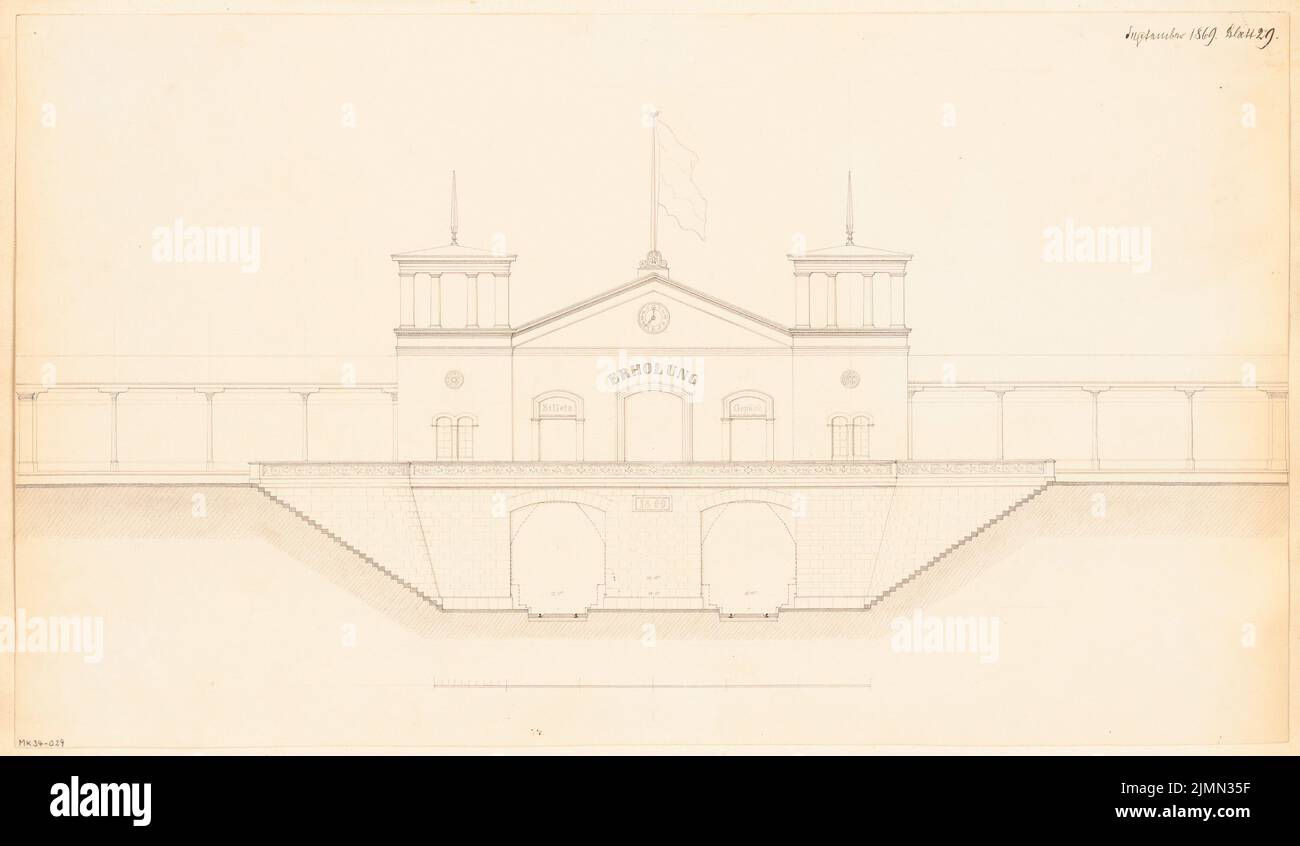 Unbekannter Architekt, Bahnhof. Monatlicher Wettbewerb 1869. September (09,1869): Riss-Seitenansicht; Skalenbalken. Bleistift auf Karton, 33,8 x 58,2 cm (einschließlich Scankanten) Stockfoto