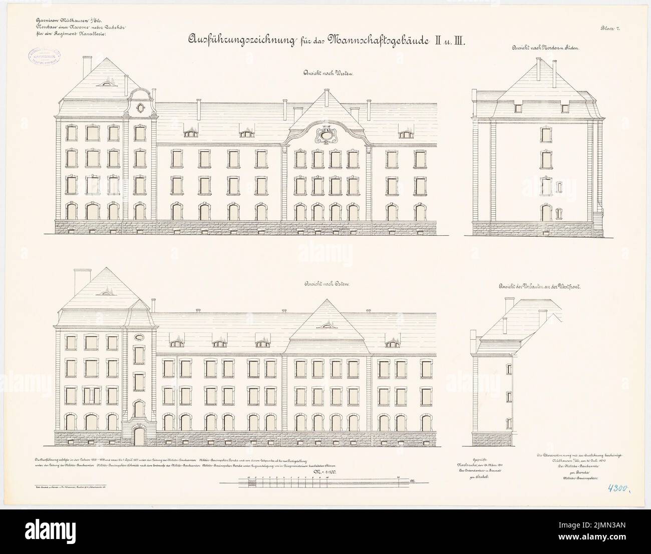 Benda, Kavallerie-Kaserne in Mülhausen (1906-1908): Mannschaftsgebäude II. Und III: Obere Nordansicht, Südseite, Ostansicht, Westansicht 1: 100. Lithographie, 71,5 x 91,3 cm (einschließlich Scankanten) Stockfoto