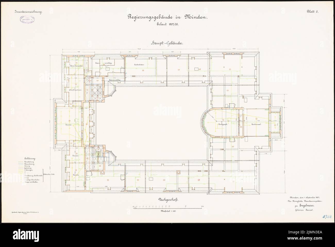 Kieschke Paul (1851-1905), Regierungsgebäude in Minden (1902-1906): Grundriß Obergeschoss 1: 100. Lithographie, 68,6 x 102,7 cm (einschließlich Scankanten) Stockfoto