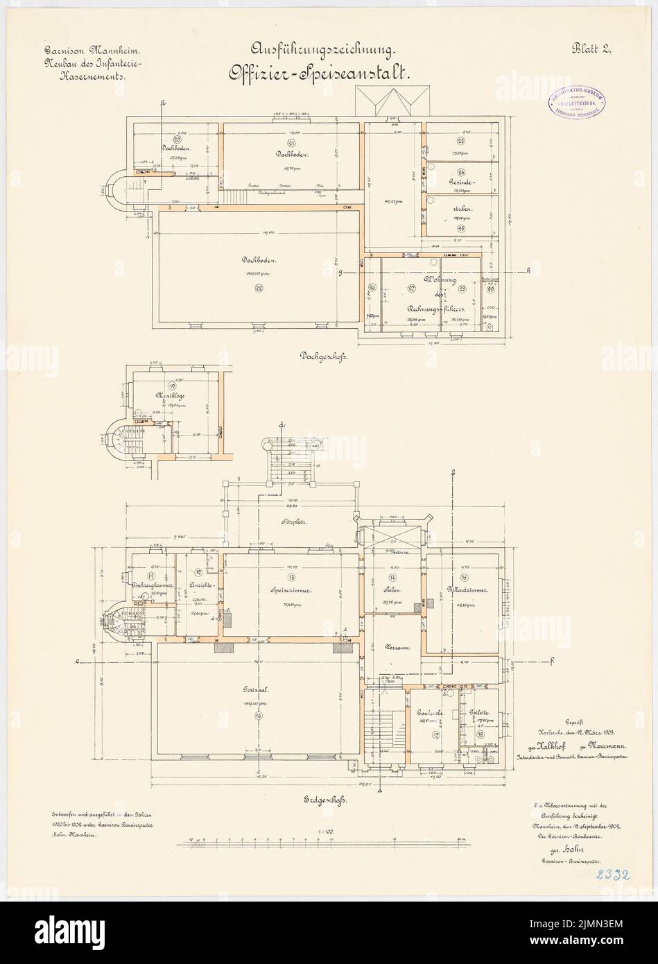 Jannasch, Garnison der Infanteriesperre in Mannheim. Offizier Casino (1900-1902): Grundriß Erdgeschoss, Obergeschoss 1: 100. Lithographie, 70,9 x 51,8 cm (einschließlich Scankanten) Stockfoto