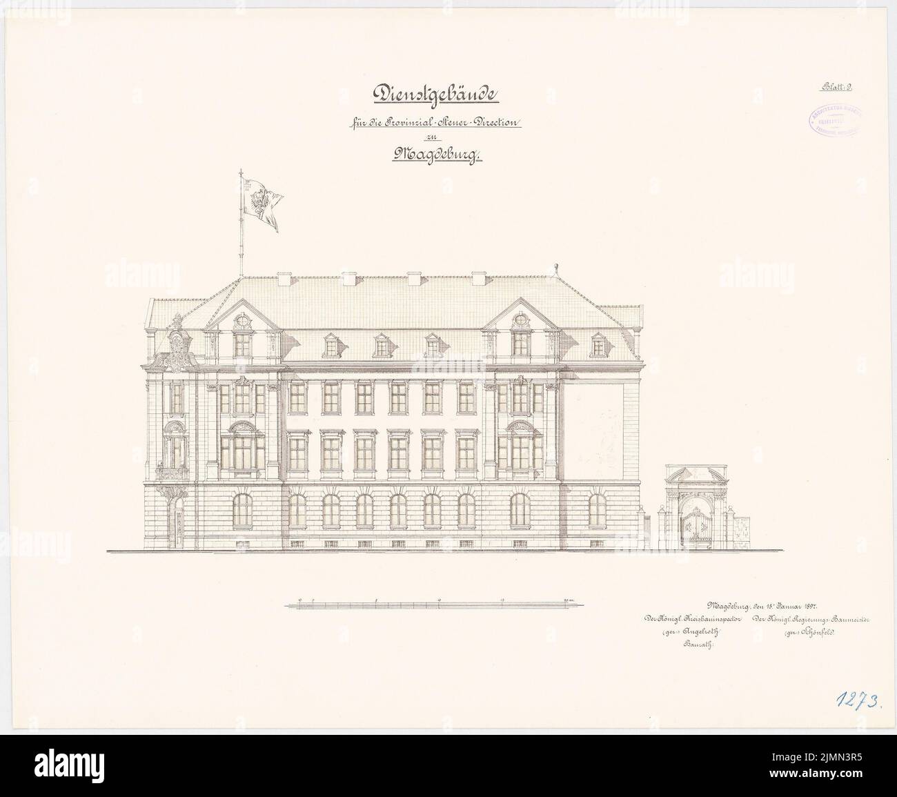 Unbekannter Architekt, Landessteuerdirektor in Magdeburg (ca. 1897): Osternansicht 1: 100. Lithographie, 58,2 x 71,1 cm (einschließlich Scankanten) Stockfoto