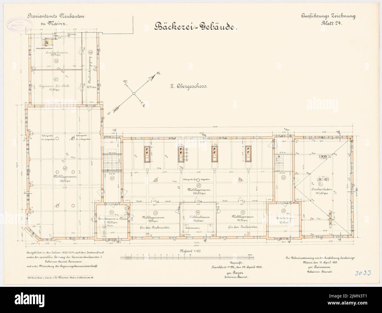 Reinmann, Provisant in Mainz. Bäckerei (1900-1904): Grundriß 2. Stock 1: 100. Lithographie, 48,9 x 65,1 cm (einschließlich Scankanten) Stockfoto