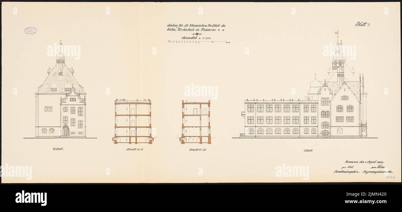 Thür Georg (1846-1924), chemische Institute der Technischen Universität Hannover. Haupthaus (01.04.1909): Obere Ostansicht, Westansicht, Querschnitt 1: 100. Lithographie, 66,8 x 145,5 cm (einschließlich Scankanten) Stockfoto