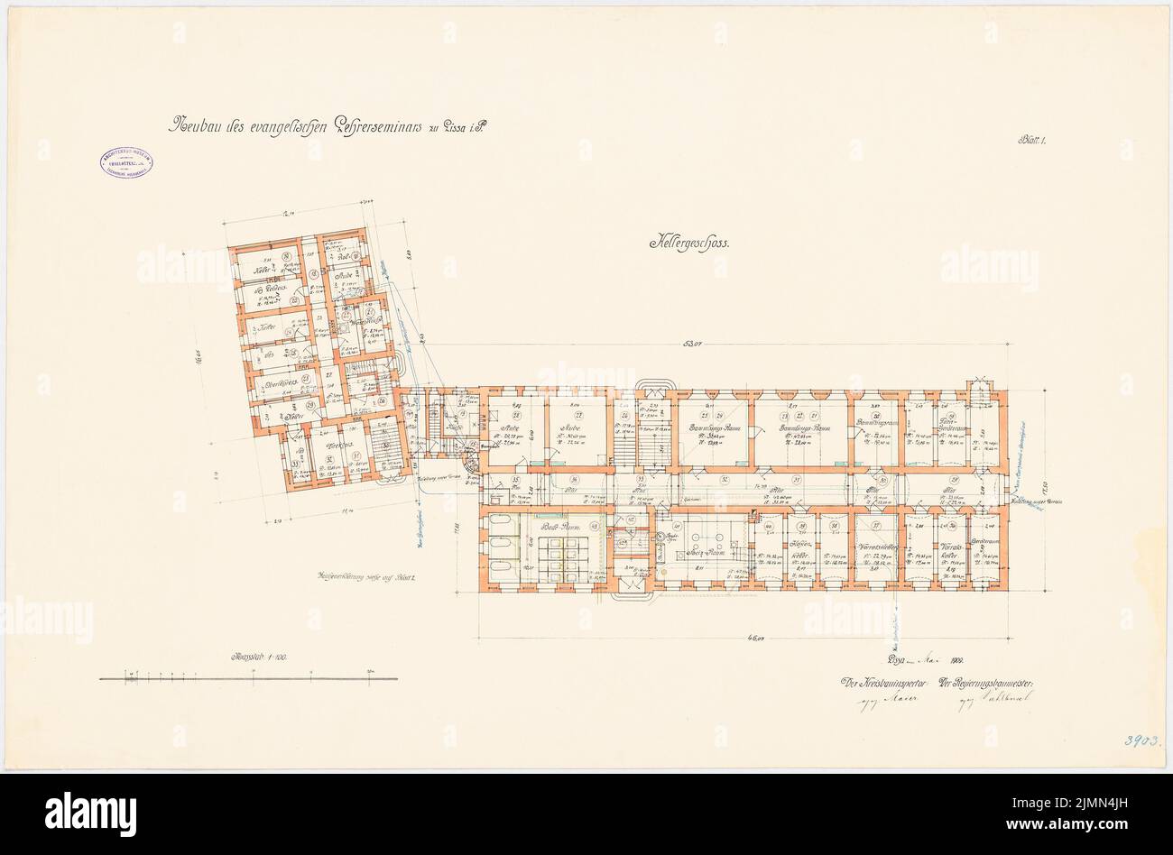 Unbekannter Architekt, evangelisches Lehrerseminar in Lissa (1909): Grundriss Keller 1: 100. Lithographie, 66,5 x 100,6 cm (einschließlich Scankanten) Stockfoto