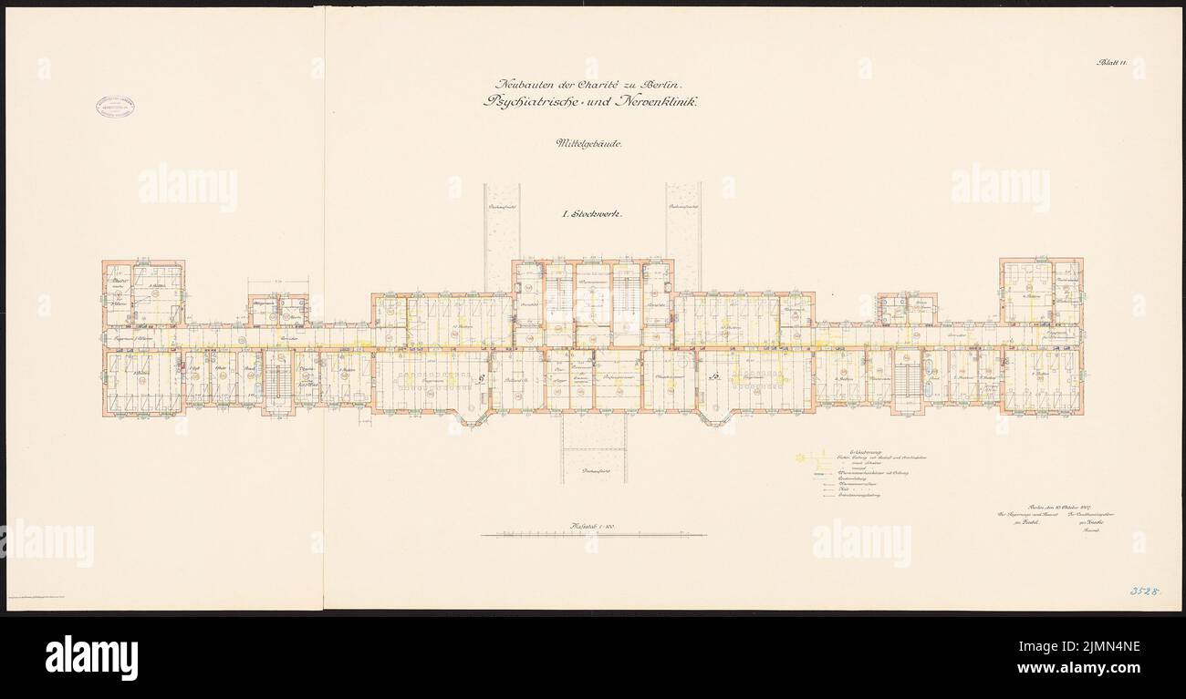 Diestel Georg (1854-1926), Psychiatrie- und Nervenklinik der Charité, Berlin (1899-1906): Mittlere Gebäude: Grundriß 1: 100. Lithographie, 73,3 x 140,7 cm (einschließlich Scankanten) Stockfoto