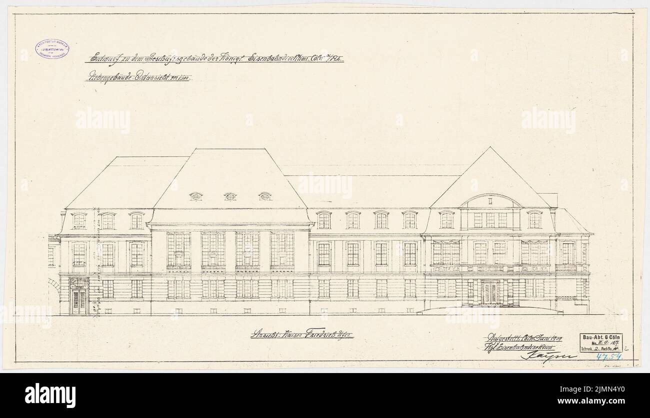 Unbekannter Architekt, Eisenbahndirektion in Köln. Außengebäude (ca. 1910): O-Ansicht 1: 100. Lithographie, 50 x 87 cm (einschließlich Scankanten) Stockfoto