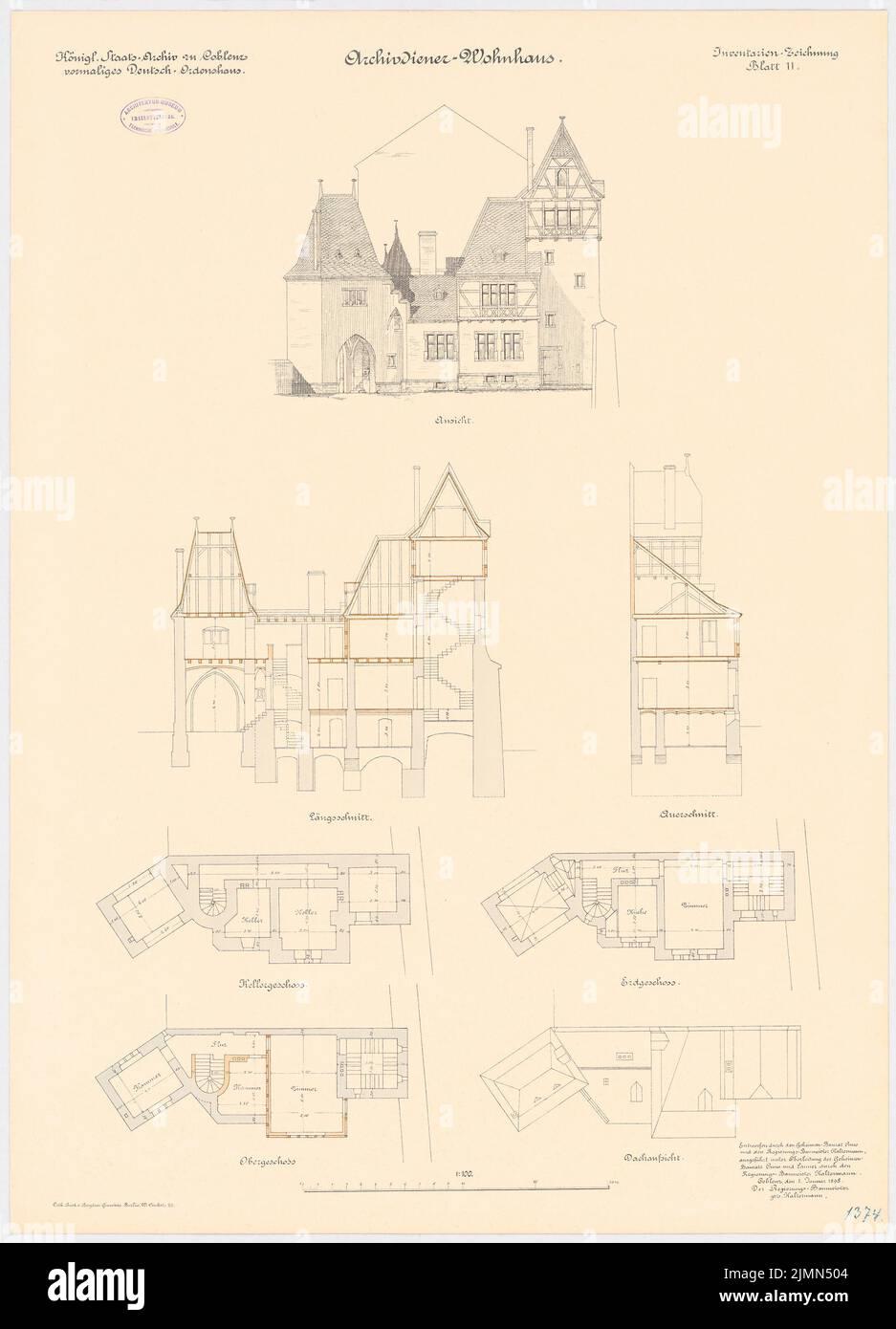 Kaltermann, Staatsarchiv in Koblenz. Archiv Diener Wohngebäude (ca. 1896-1898): Grundriß KG, EG, OG, Dachüberwachung, Längs- und Querschnitt, Ansicht, 1: 100. Lithographie, 85,4 x 61,6 cm (einschließlich Scankanten) Stockfoto