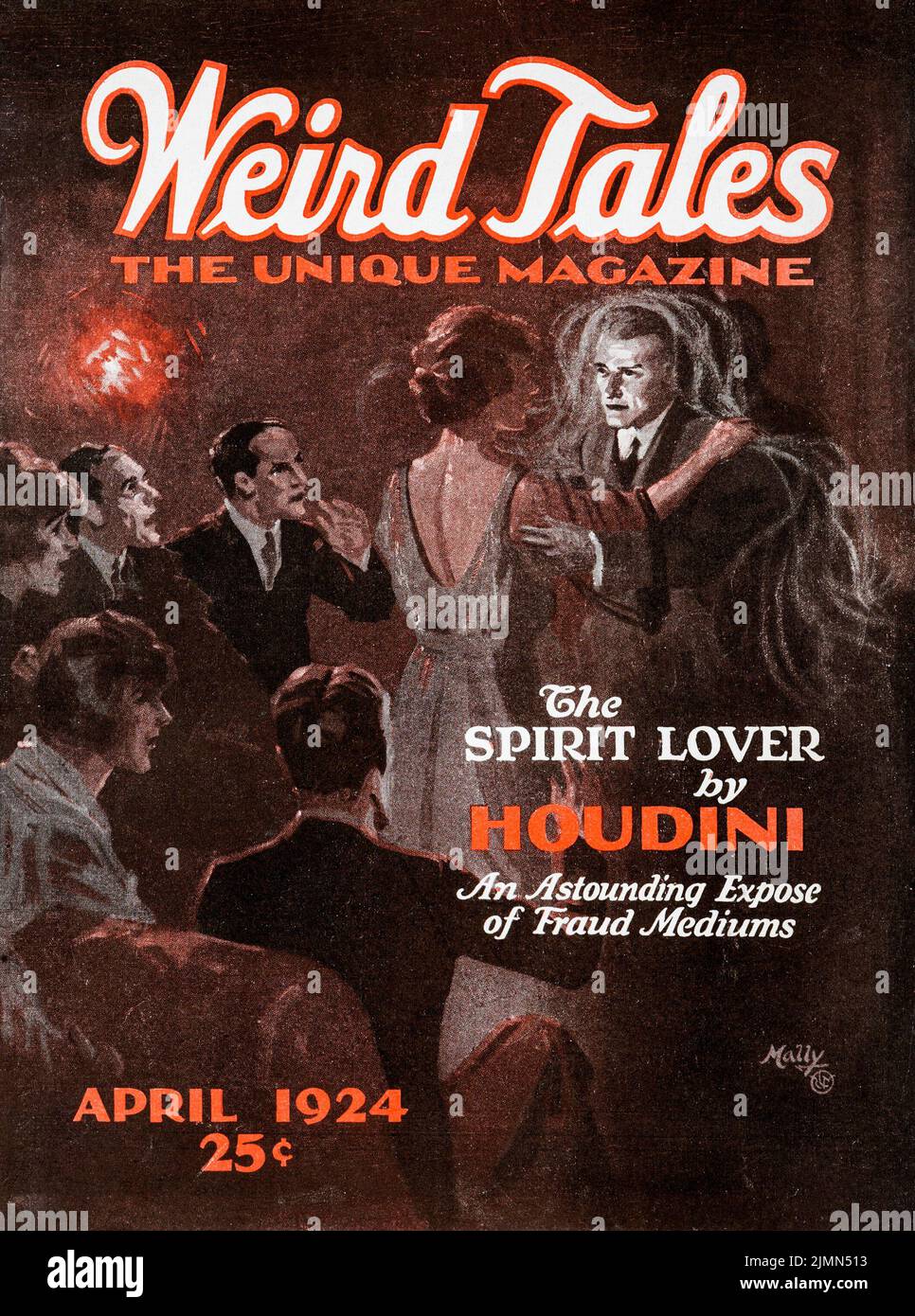 Cover of Weird Tales, April 1924, Band 3, Nummer 4. The Spirit Lover, von Harry Houdini, eine erstaunliche Enthüllung von Betrugsmedien. Cover-Art von R. M. Mally Stockfoto