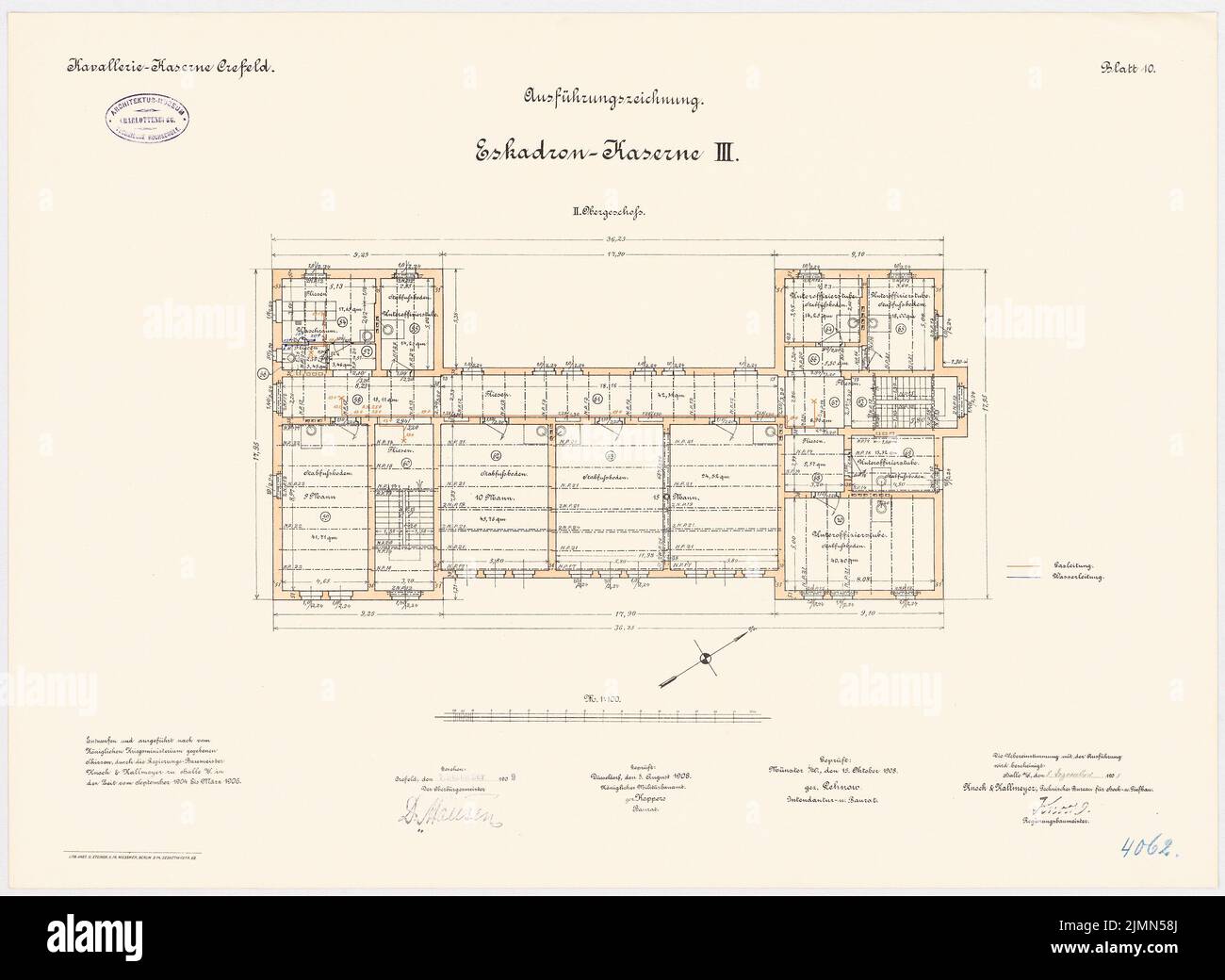 Knoch & Kallmeyer, Kavallerie-Kaserne, Krefeld. Eskadron-Kaserne III (1904-1906): Grundriß 2. Stockwerk 1: 100. Lithographie, 48,2 x 65,9 cm (einschließlich Scankanten) Stockfoto