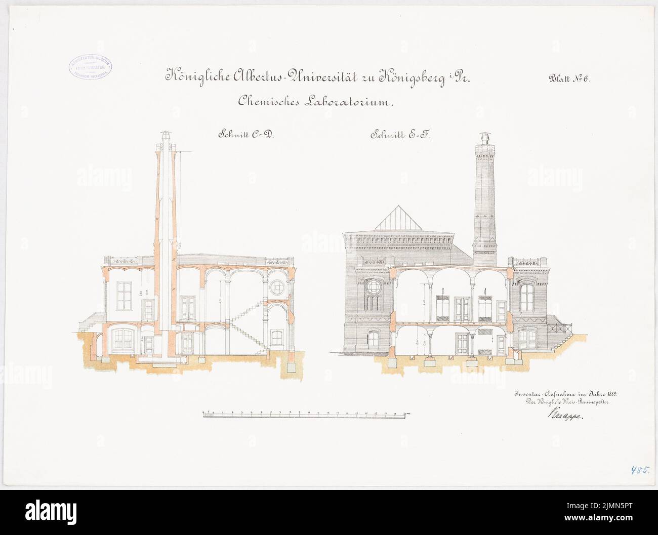 Kuttig Wilhelm, Chemielabor der Albertus-Universität Königsberg (1889): Querschnitte 1: 100. Lithographie, 51,2 x 68,7 cm (einschließlich Scankanten) Stockfoto