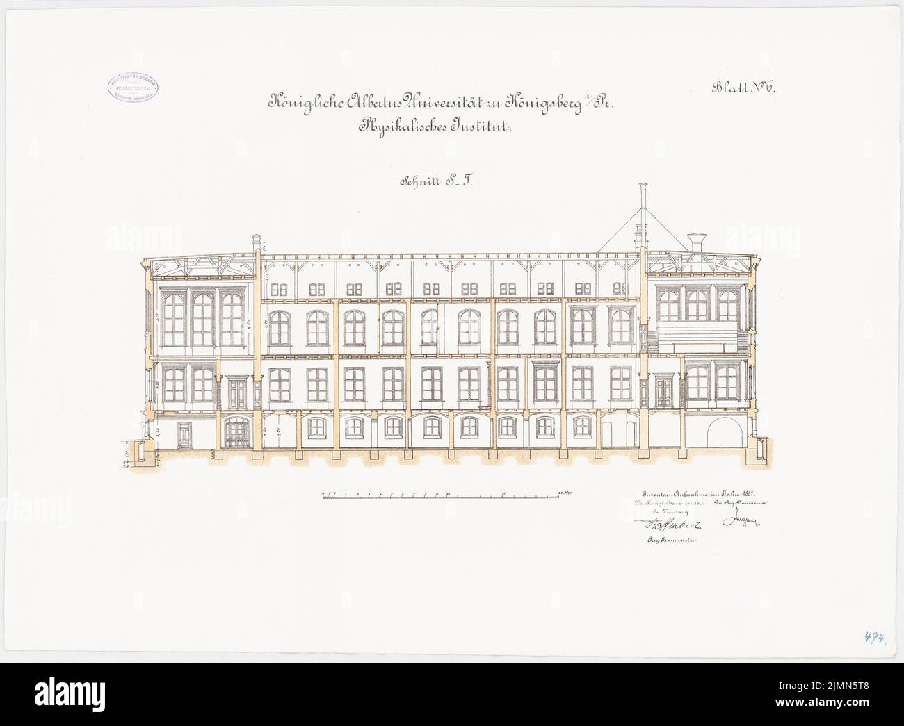 Kuttig Wilhelm, Physikalisches Institut der Albertus-Universität Königsberg (1887): Längsschnitt 1: 100. Lithographie, 59,3 x 80,7 cm (einschließlich Scankanten) Stockfoto