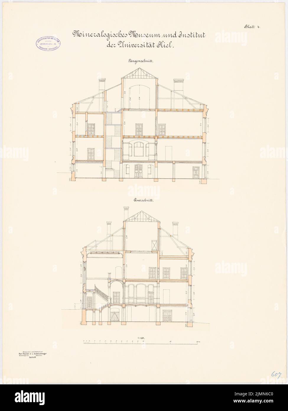 Ministerium für Öffentliche Arbeiten, Mineralienmuseum und Institut der Christian-Albrechts-Universität Kiel (1890-1892): Längsschnitt und Querschnitt 1: 100. Lithographie, 70,6 x 53 cm (einschließlich Scankanten) Stockfoto