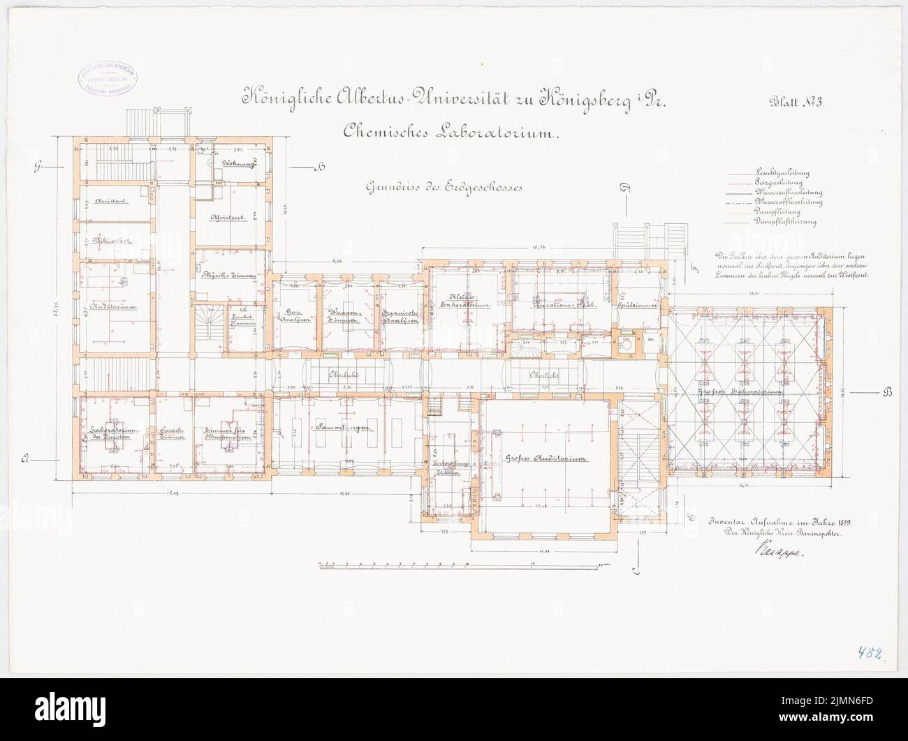 Kuttig Wilhelm, Chemielabor der Albertus-Universität Königsberg (1889): Grundriss EG 1: 100. Lithographie, 51,4 x 68,7 cm (einschließlich Scankanten) Stockfoto