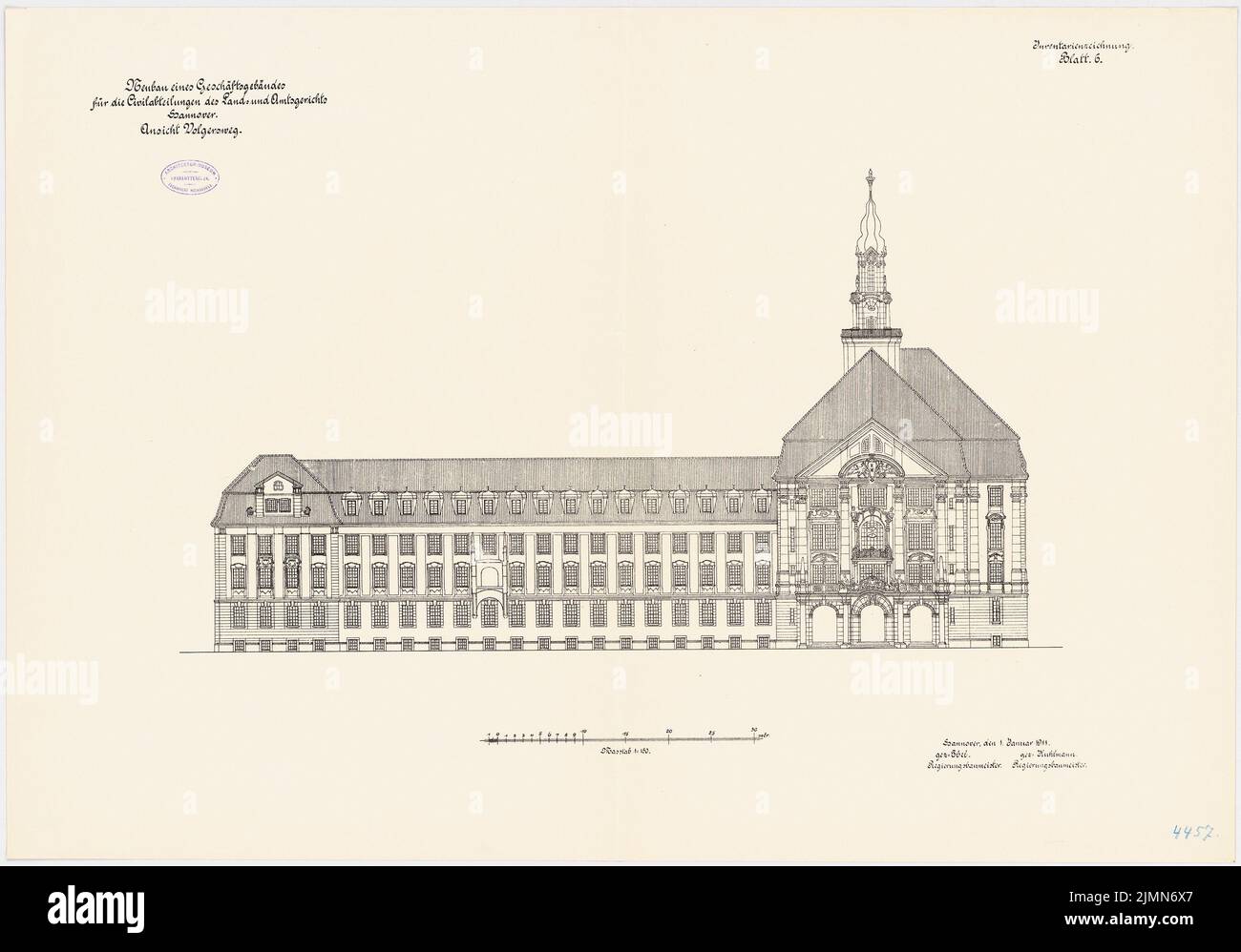 Unbekannter Architekt, Kreis- und Amtsgericht in Hannover (ca. 1911): Northern Intent 1: 150. Lithographie, 67,1 x 96 cm (einschließlich Scankanten) Stockfoto