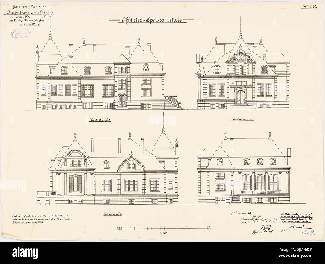 Koch, Garnisonsoffizier Casino in Hannover (1907-1909): Nordansicht, Südansicht, Ostansicht, Westansicht 1: 100. Lithographie, 55,8 x 74,9 cm (einschließlich Scankanten) Stockfoto