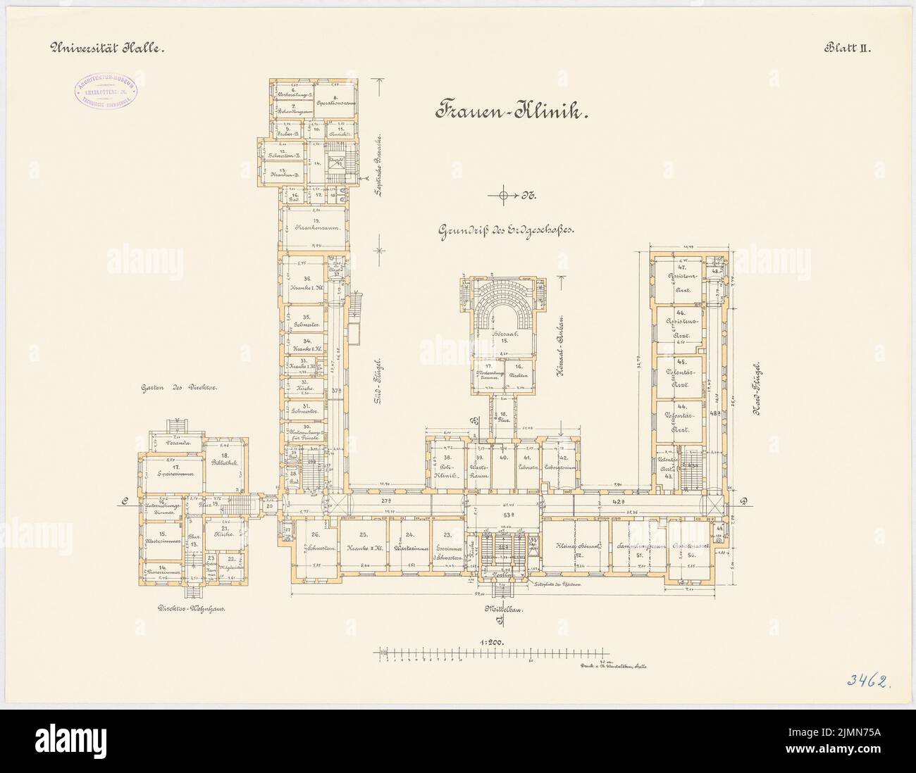 Unbekannter Architekt, Frauenklinik der Martin-Luther-Universität Halle/Saale (ca. 1908-1910): Grundriß Erdgeschoss 1: 100. Lithographie, 50,8 x 65,4 cm (einschließlich Scankanten) Stockfoto