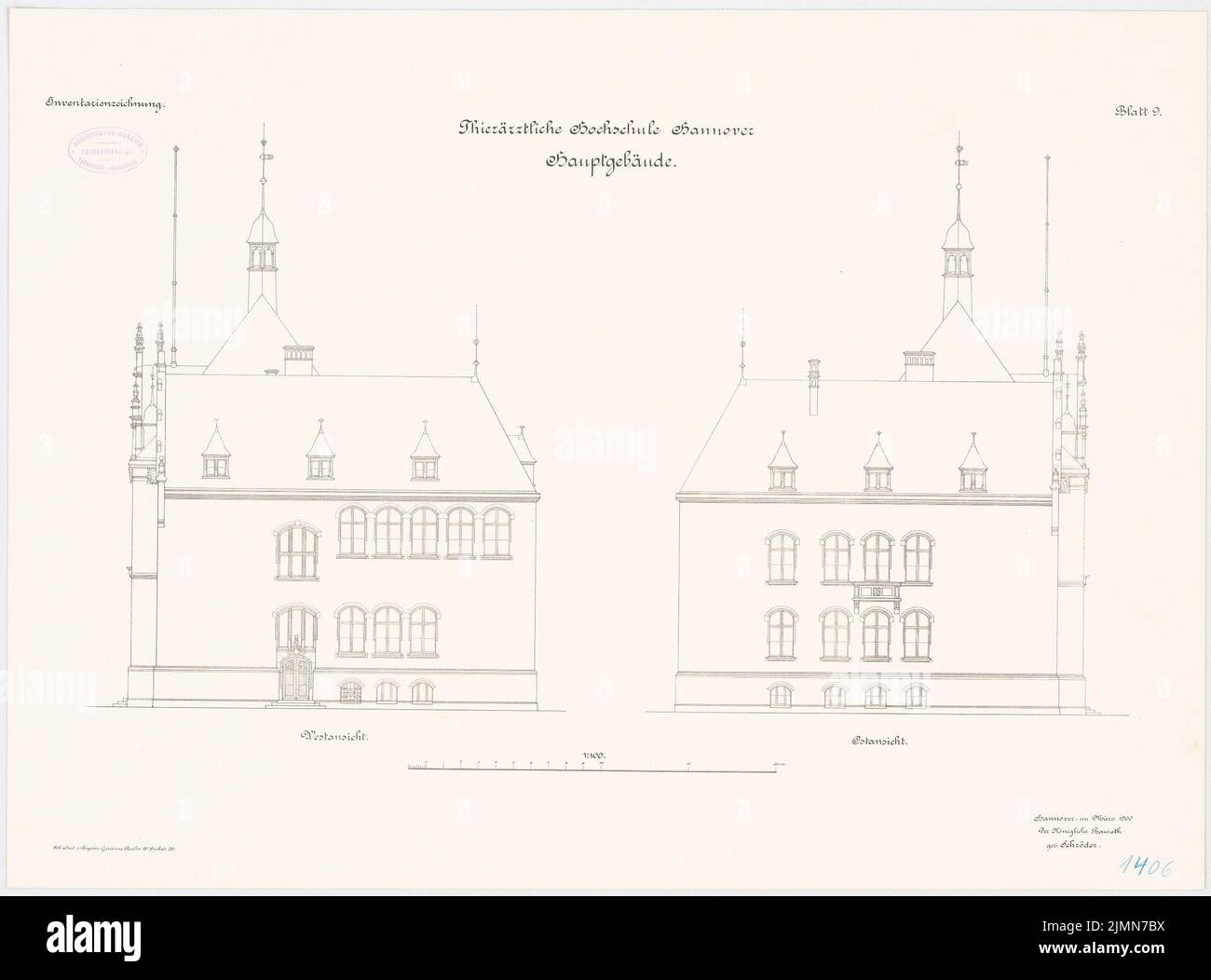 Unbekannter Architekt, Veterinäruniversität in Hannover. Hauptgebäude (ca. 1900): Aufirs-Ostansicht, Westansicht 1: 100. Lithographie, 51 x 68,9 cm (einschließlich Scankanten) Stockfoto