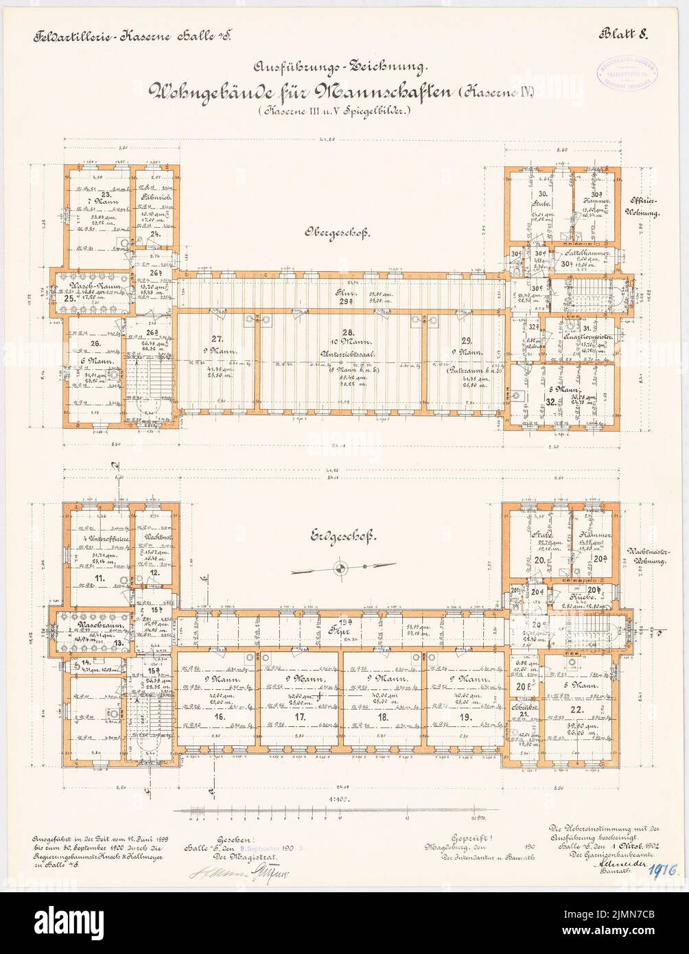 Knoch & Kallmeyer, Feldartilleriekaserne in Halle/Saale (1899-1902): Mannschaftsunterkünfte - Kasernen III, VI und V: Grundriß Erdgeschoss, 1.. Stock 1: 100. Lithographie, 65,8 x 50,8 cm (einschließlich Scankanten) Stockfoto