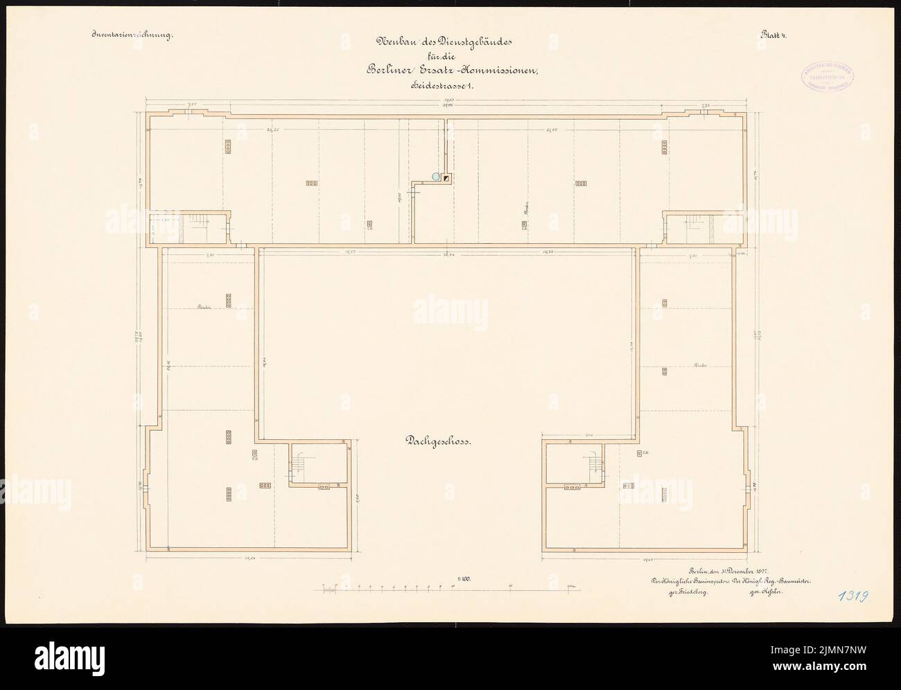 Kessler, Servicegebäude Berlin Ersatzaufträge (1896): Grundriß Obergeschoß 1: 100. Lithographie, 53,8 x 77,2 cm (einschließlich Scankanten) Stockfoto