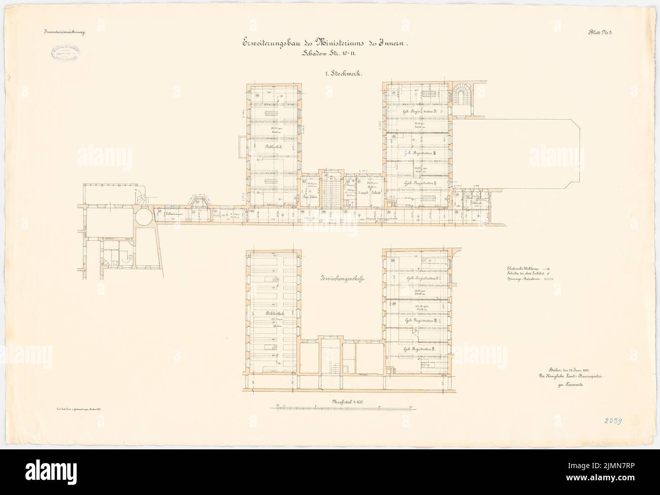 Kern Walter (1860-1912), Innenministerium, Berlin. Erweiterungsbau (1900-1902): Grundriß Zwischengeschoss, 1. Stockwerk 1: 100. Lithographie, 70,9 x 104 cm (einschließlich Scankanten) Stockfoto