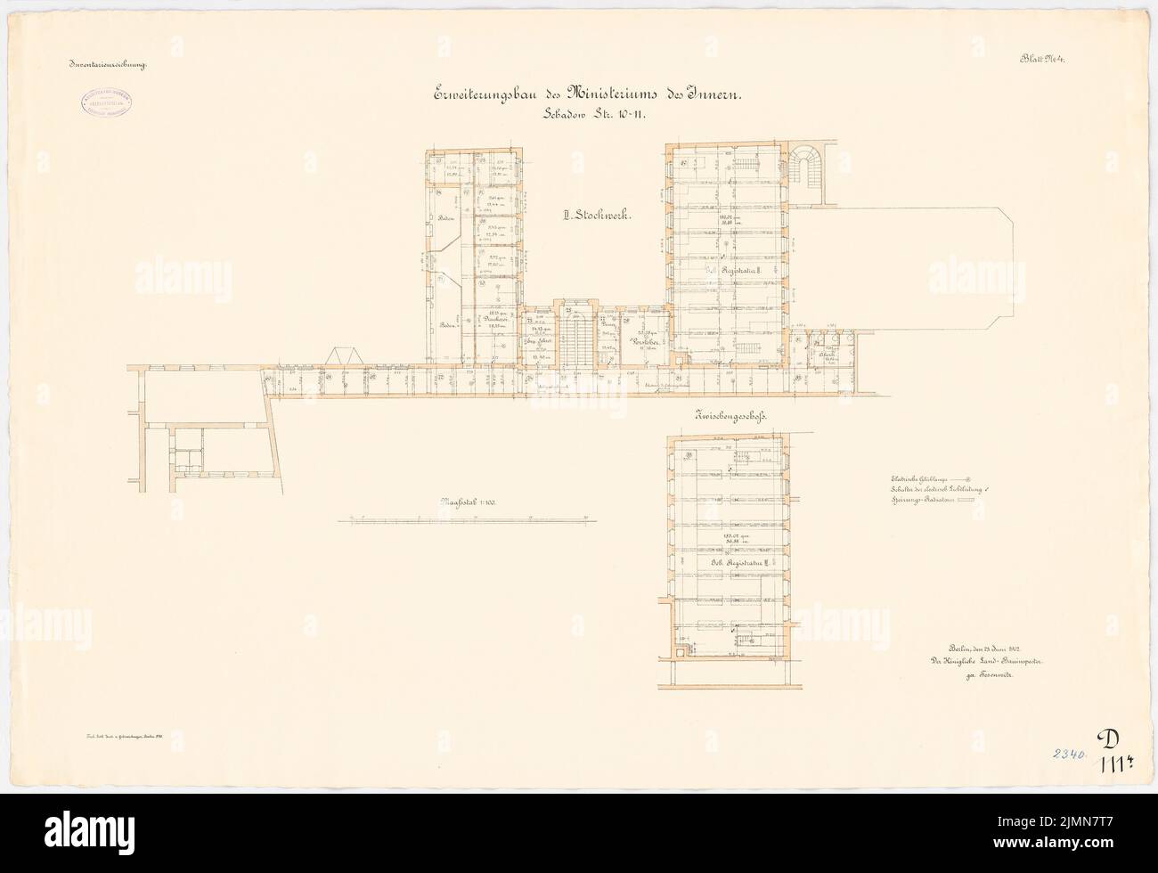 Kern Walter (1860-1912), Innenministerium, Berlin. Erweiterungsbau (1900-1902): Grundriß Zwischengeschoss, 2. Stockwerk 1: 100. Lithographie, 70,8 x 103,4 cm (einschließlich Scankanten) Stockfoto