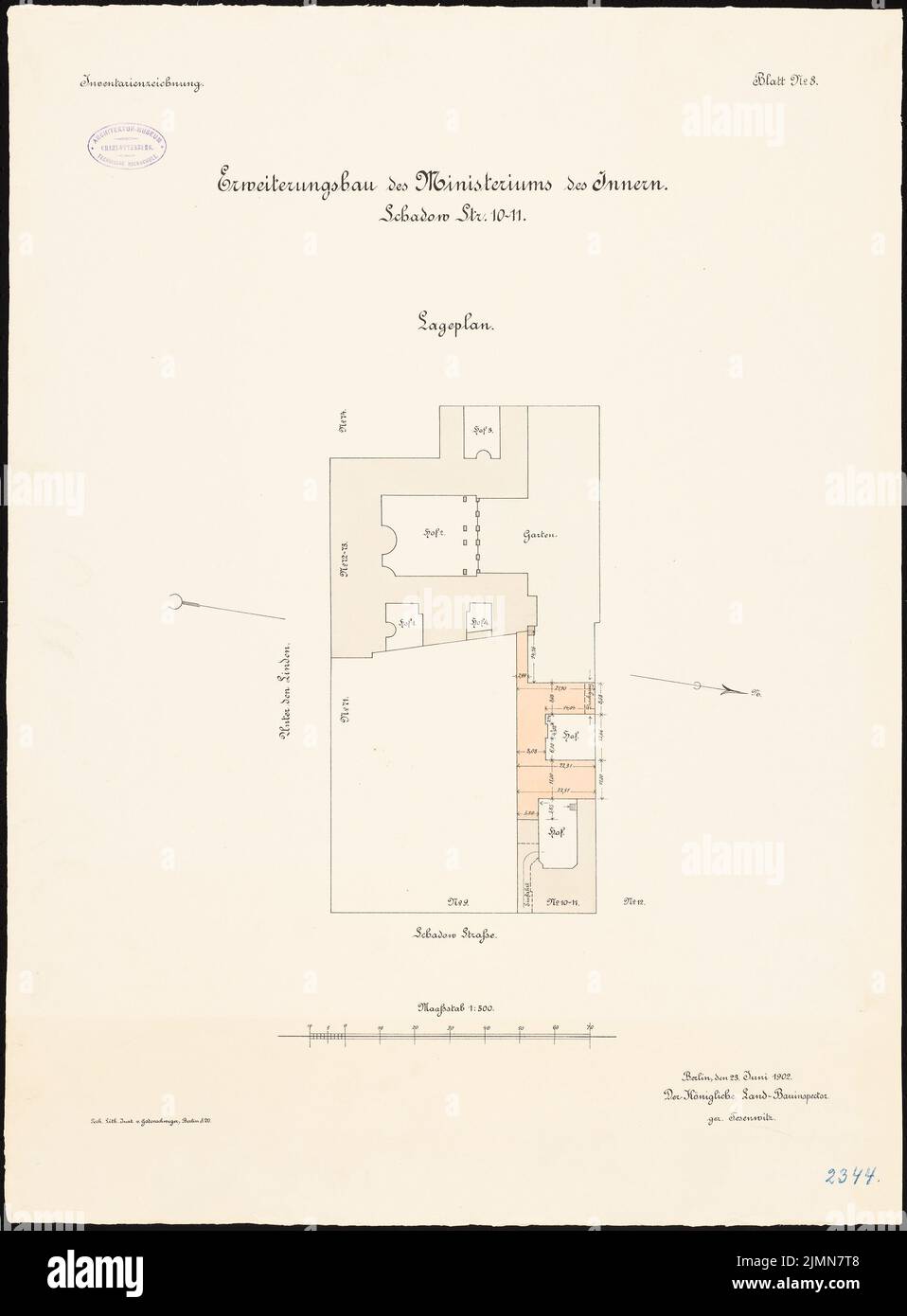 Kern Walter (1860-1912), Innenministerium, Berlin. Erweiterungsbau (1900-1902): Je nach Plan 1: 500. Lithographie, 70,4 x 51,9 cm (einschließlich Scankanten) Stockfoto