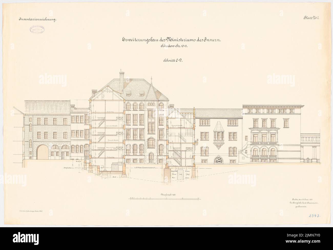 Kern Walter (1860-1912), Innenministerium, Berlin. Erweiterungsbau (1900-1902): Querschnitt 1: 100. Lithographie, 70,2 x 102,7 cm (einschließlich Scankanten) Stockfoto