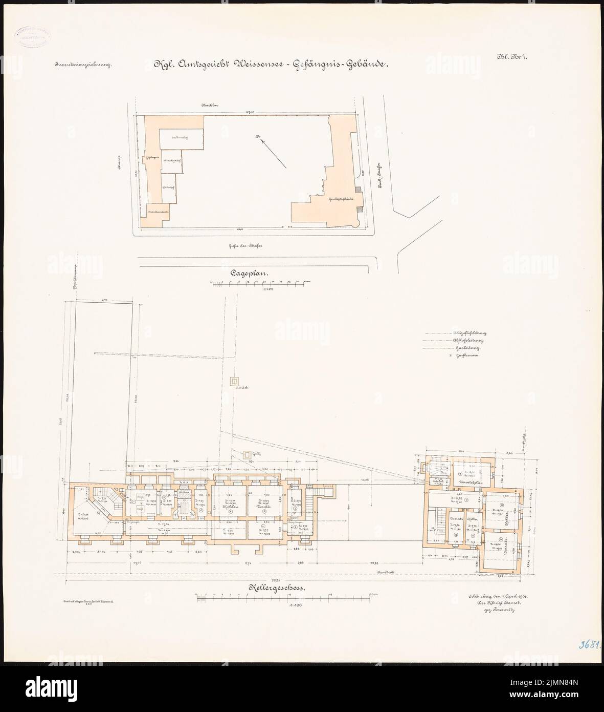 Thoemer & Mönnich, Amtsgericht Berlin-Weißensee (1902-1906): Abteilung 1: 400, Grundriß Keller 1: 100. Lithographie, 80,7 x 73,4 cm (einschließlich Scankanten) Stockfoto