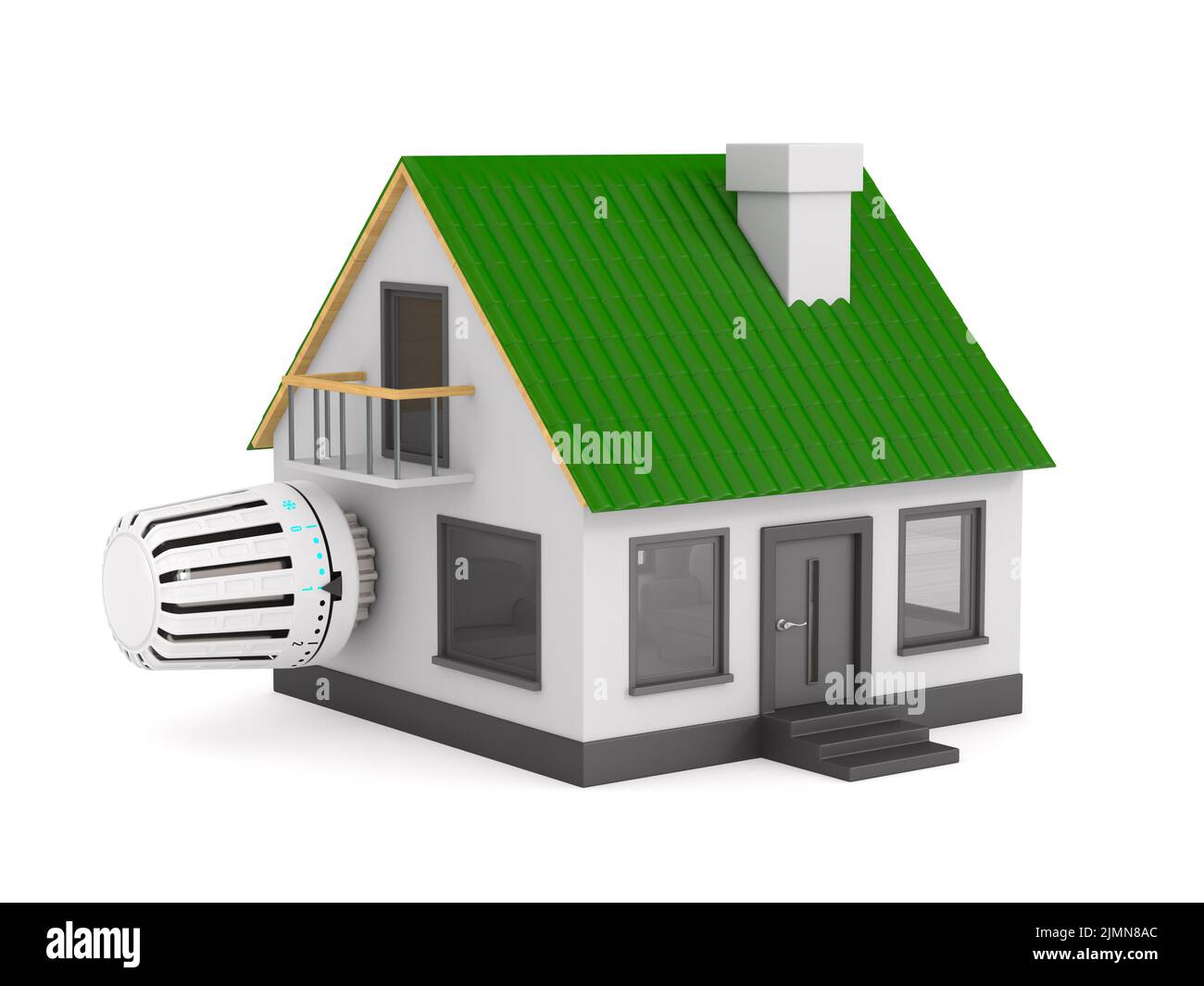 Haus und Thermostat auf weißem Hintergrund. Isolierte 3D-Abbildung Stockfoto