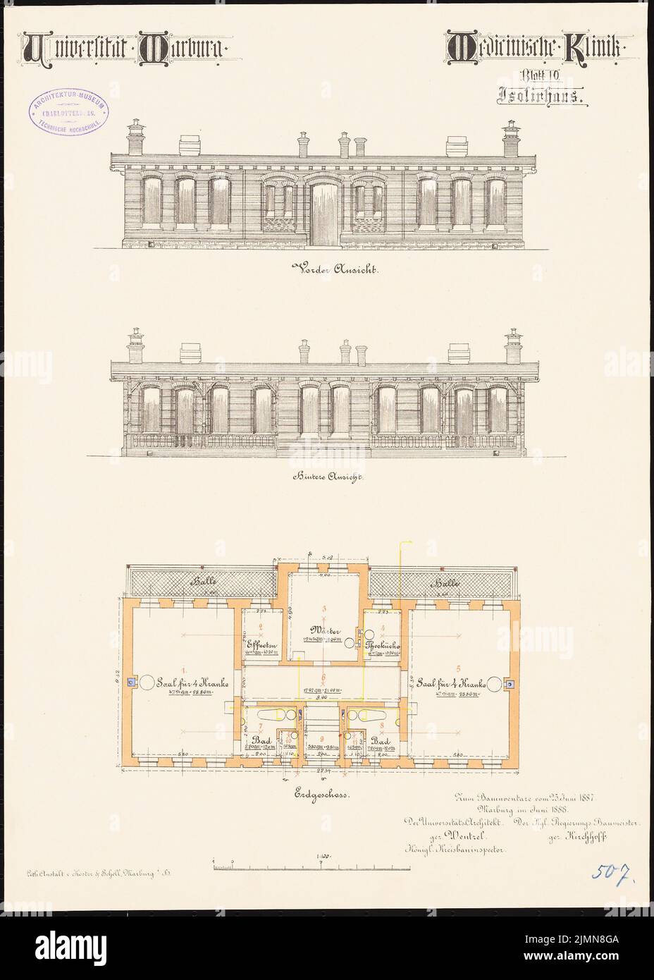 Unbekannter Architekt, Medizinische Klinik der Philipps-Universität Marburg (ca. 1887): Isolierhaus: Grundriß Erdgeschoss, Aufruhr Vorderansicht, Rückansicht 1: 100. Lithographie, 51,5 x 36,7 cm (einschließlich Scankanten) Stockfoto