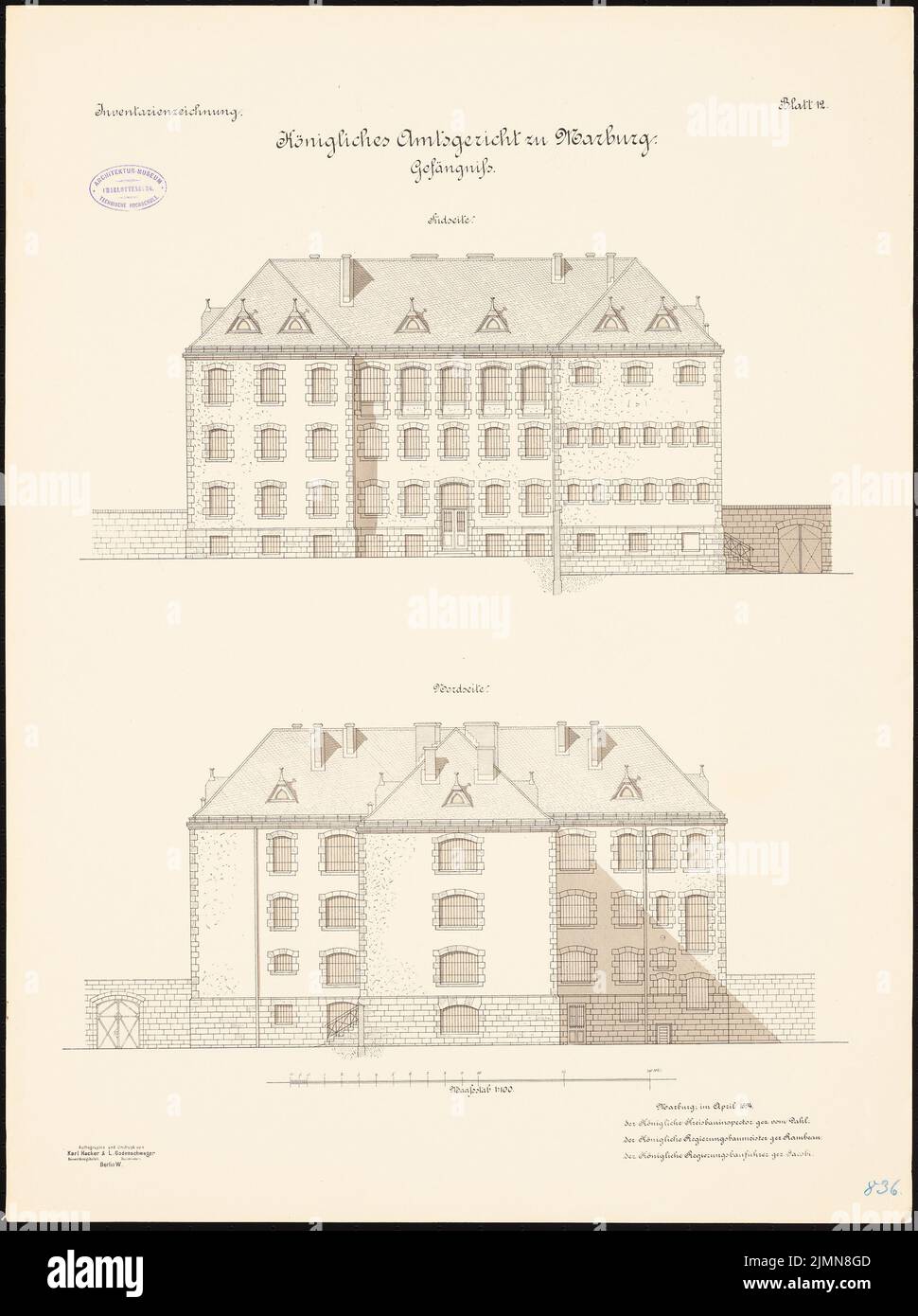 Unbekannter Architekt, Amtsgericht Marburg. Gefängnis (ca. 1894): Nordansicht, Südansicht 1: 100. Lithographie, 71,6 x 53,4 cm (einschließlich Scankanten) Stockfoto