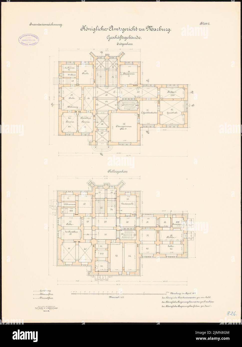 Unbekannter Architekt, Amtsgericht Marburg (ca. 1894): Grundriss Keller, EG 1: 100. Lithographie, 71,5 x 53,4 cm (einschließlich Scankanten) Stockfoto