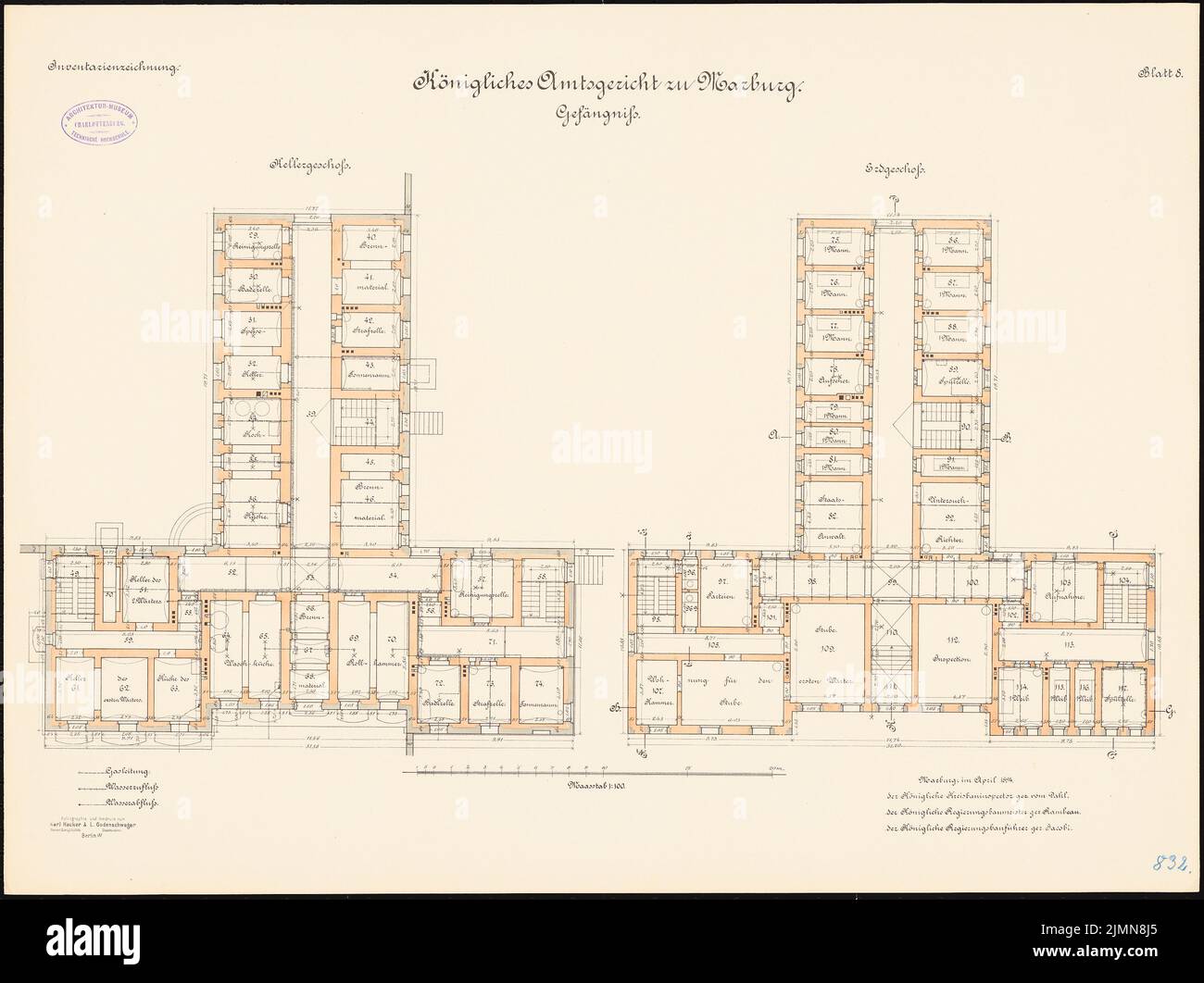 Unbekannter Architekt, Amtsgericht Marburg. Gefängnis (ca. 1894): Grundriss Keller, EG 1: 100. Lithographie, 53,2 x 71,1 cm (einschließlich Scankanten) Stockfoto