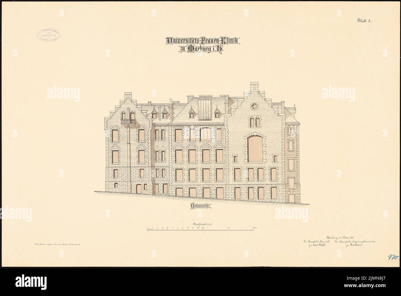 Unbekannte Architektin, Frauenklinik der Philipps-Universität Marburg (ca. 1895): Osternansicht 1: 100. Lithographie, 52,9 x 79,1 cm (einschließlich Scankanten) Stockfoto