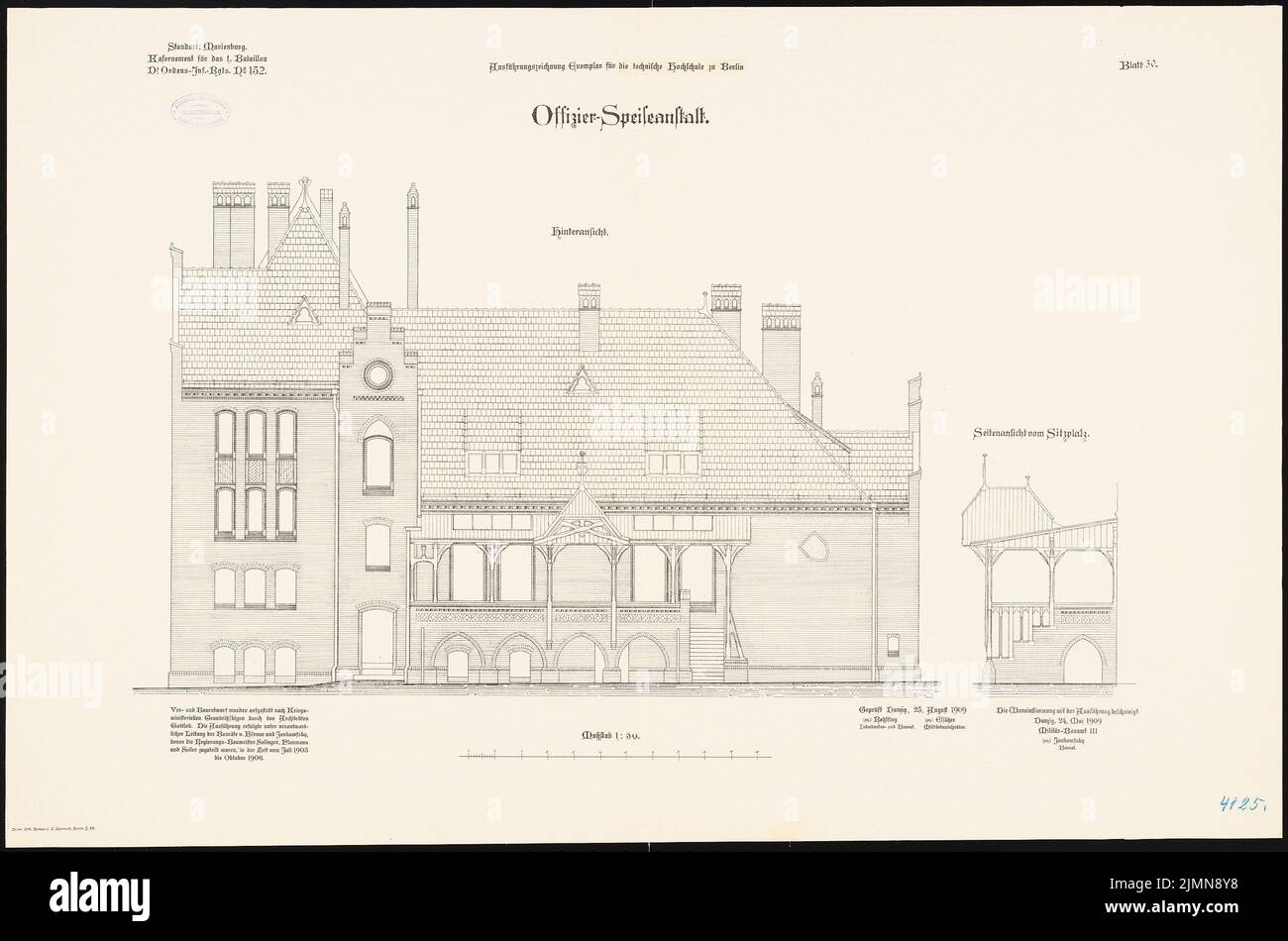 Gottlob, Kaserne des Bataillons 1. des Ordens Infanterie-Regiments Nr. 152 in Marienburg (1903-1906): Offizier-Casino: Riss Rückansicht 1:50. Lithographie, 64,6 x 97,6 cm (einschließlich Scankanten) Stockfoto