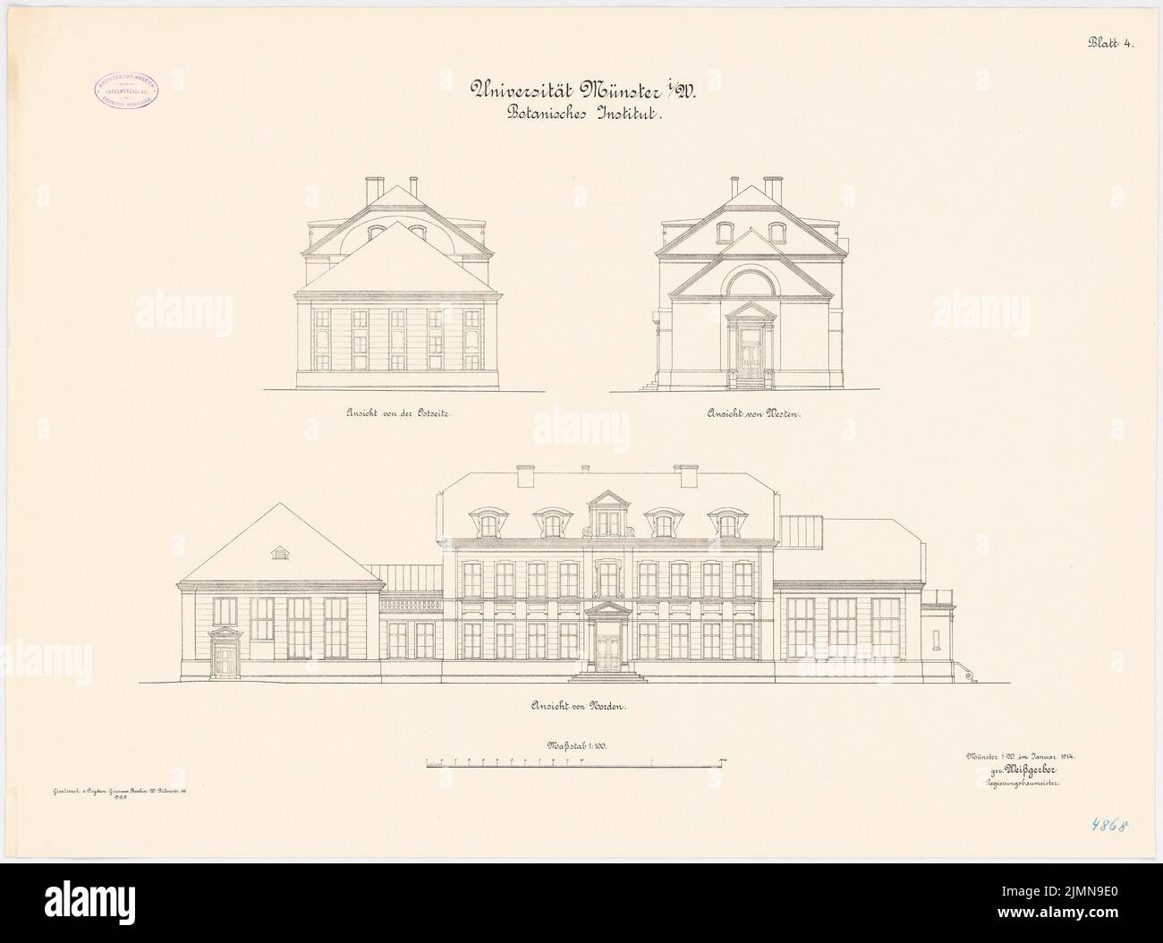 Weißgerber Otto, Universität Münster. Botanisches Institut (1914): Obere Nordansicht, Ostansicht, Westansicht 1: 100. Lithographie, 60,9 x 82,1 cm (einschließlich Scankanten) Stockfoto