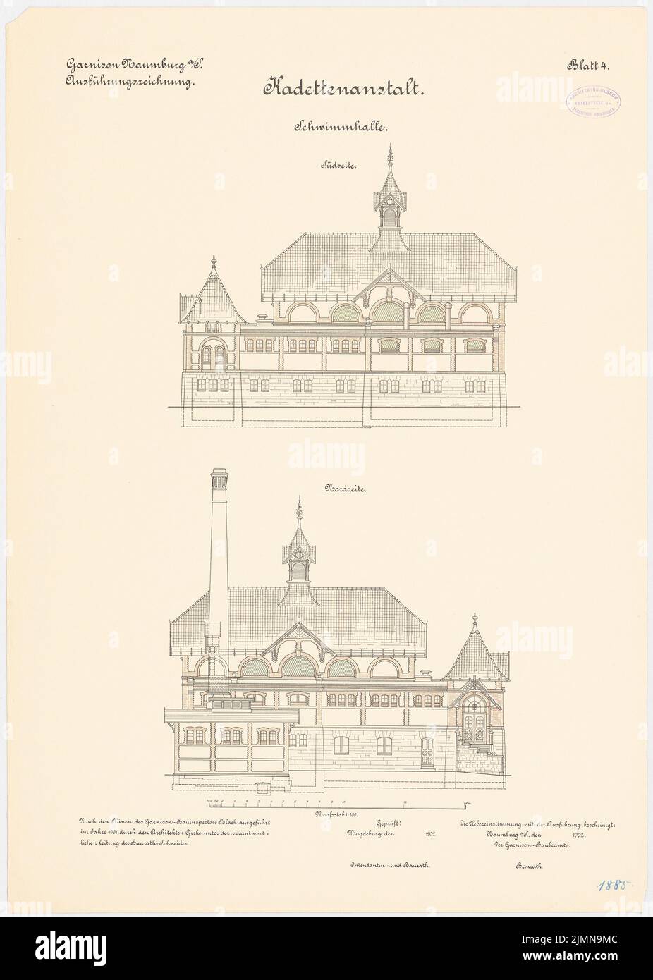 Polack, Garnison-Kadettenanlage in Naumburg/Saale (1901): Schwimmbad: Obere Nordansicht, Südansicht 1: 100. Lithographie, 74,9 x 53,4 cm (einschließlich Scankanten) Stockfoto