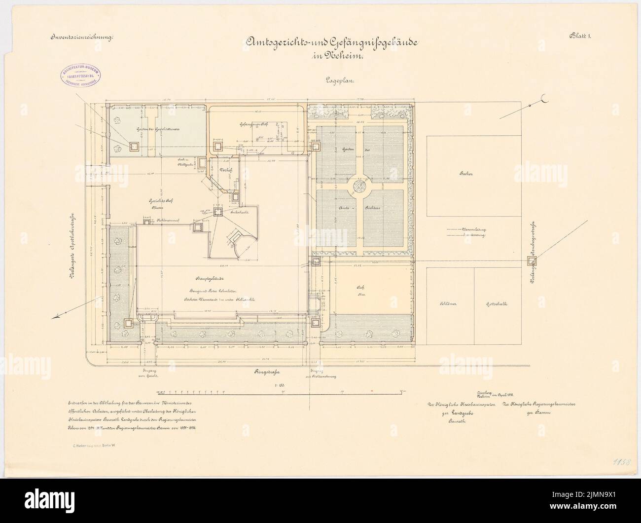 Unbekannter Architekt, Amtsgericht und Gefängnis in Neheim (1896): Lageplan 1: 150. Lithographie, 53,5 x 71,7 cm (einschließlich Scankanten) Stockfoto