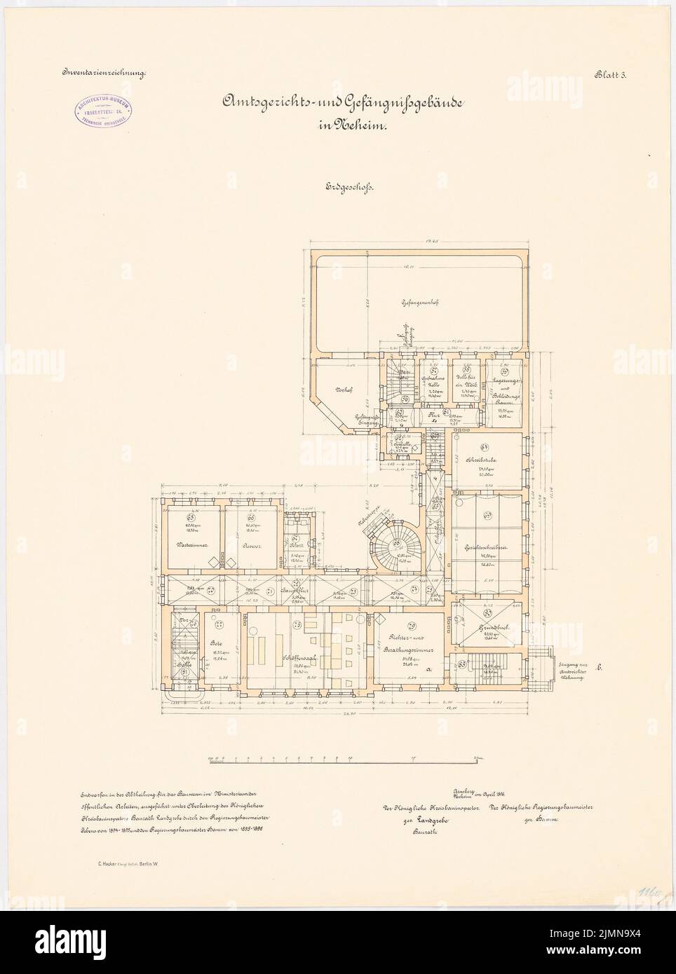 Unbekannter Architekt, Amtsgericht und Gefängnis in Neheim (1896): Grundriß Erdgeschoss 1: 100. Lithographie, 71,7 x 53,2 cm (einschließlich Scankanten) Stockfoto