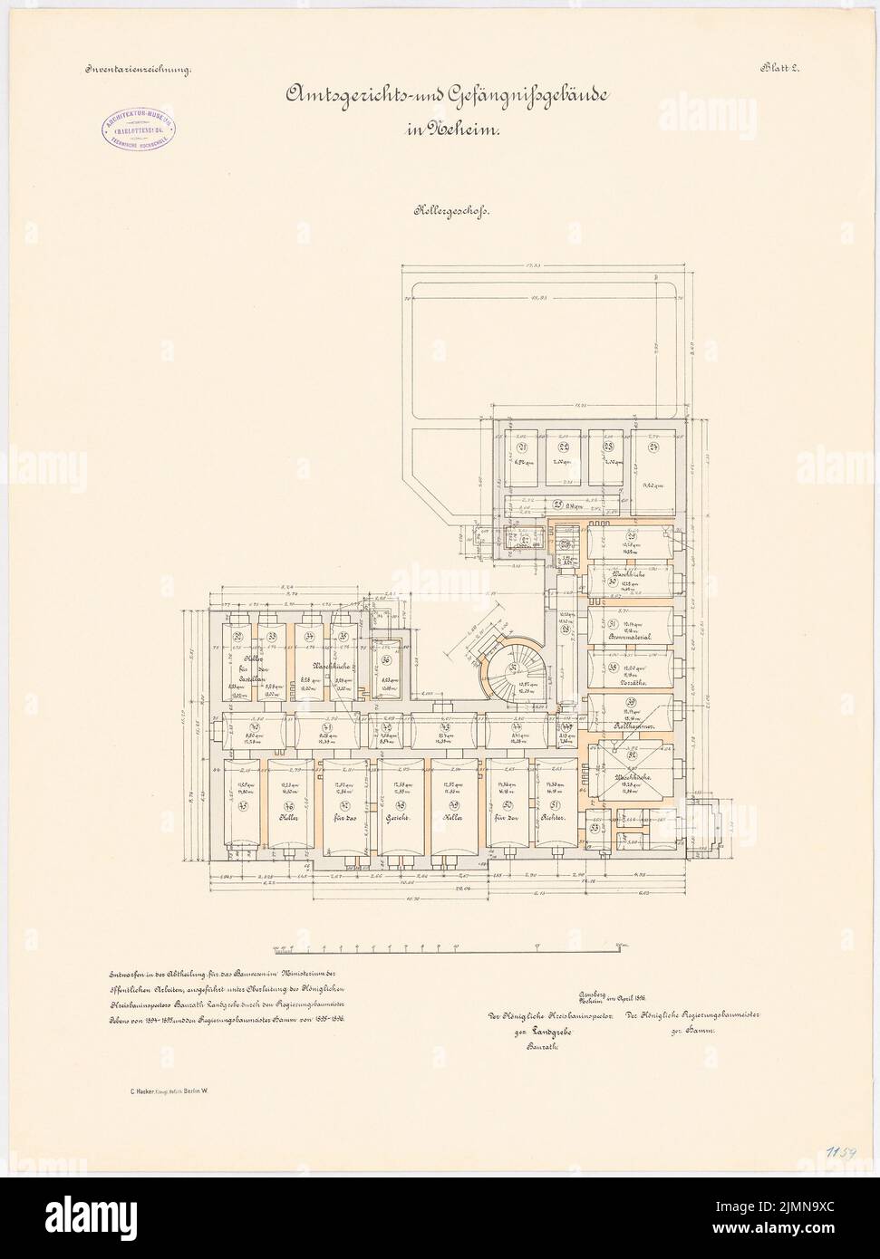 Unbekannter Architekt, Amtsgericht und Gefängnis in Neheim (1896): Grundriss Keller 1: 100. Lithographie, 71,7 x 53,6 cm (einschließlich Scankanten) Stockfoto