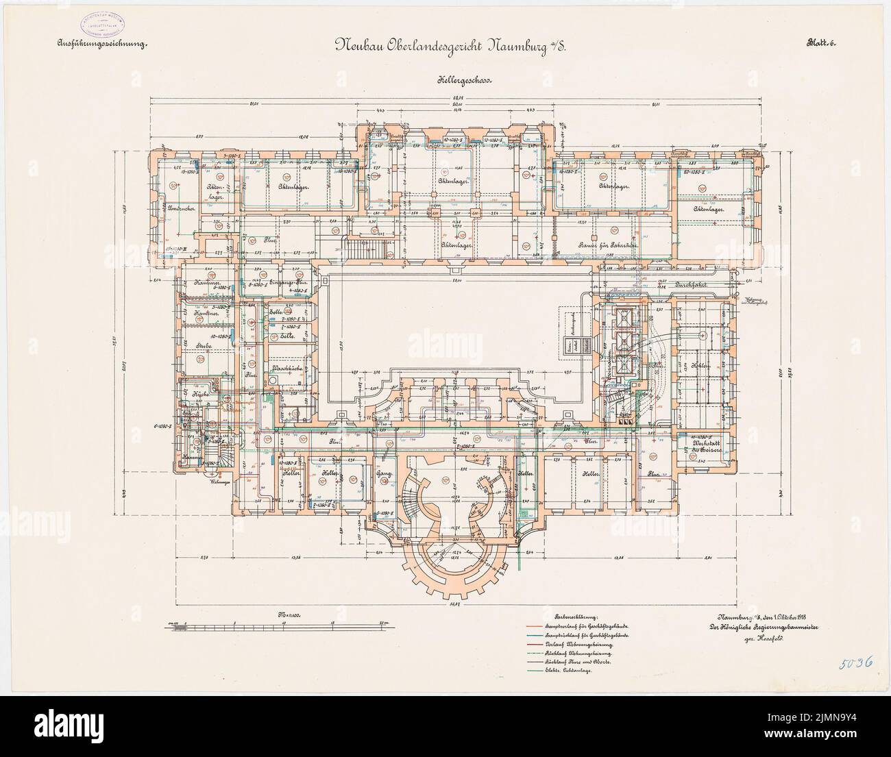 Unbekannter Architekt, Oberlandesgericht Naumburg/Saale (1914-1916): Grundriss Keller 1: 100. Lithographie, 70,8 x 90,7 cm (einschließlich Scankanten) Stockfoto