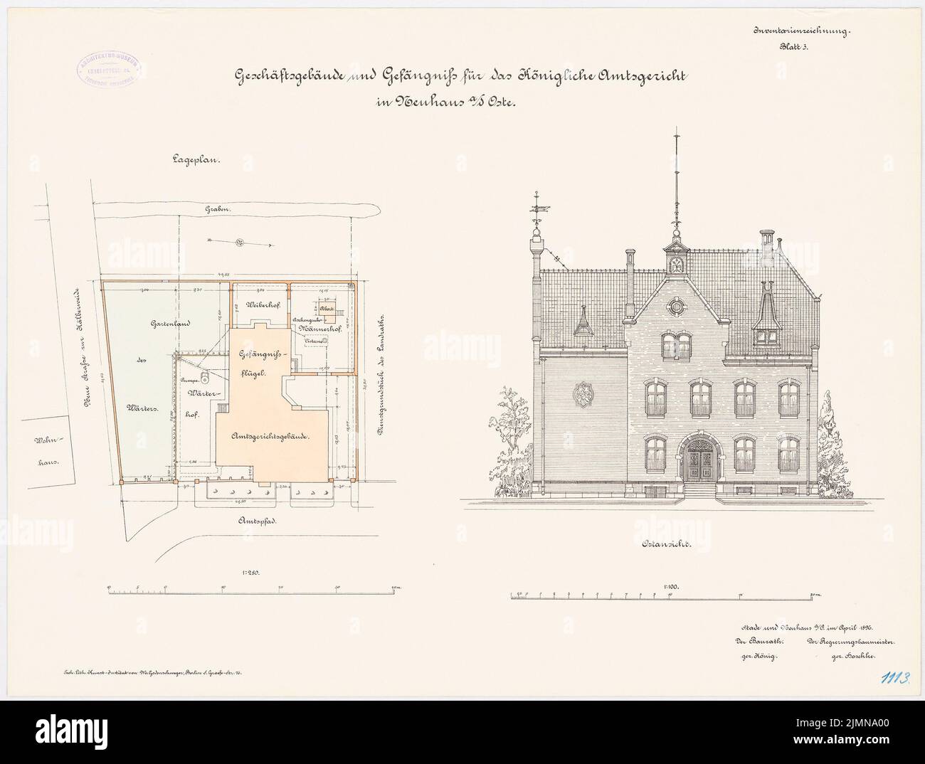 Unbekannter Architekt, Amtsgericht und Gefängnis in Neuhaus/Oste (1896): Lageplan 1: 250. Riss Ost Ansicht 1: 100. Lithographie, 49,1 x 64,8 cm (einschließlich Scankanten) Stockfoto