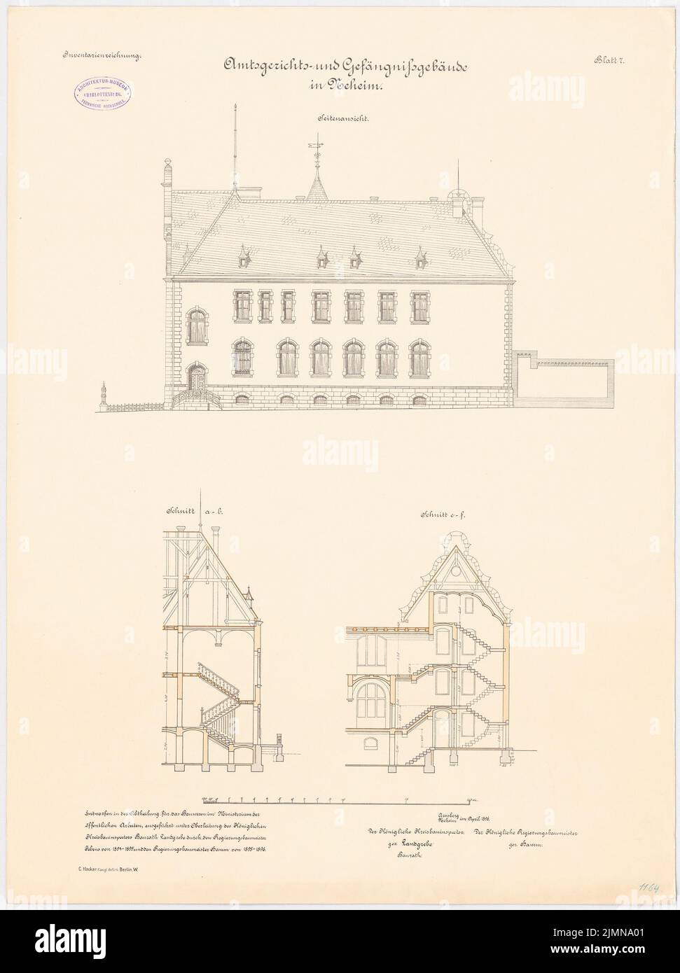 Unbekannter Architekt, Amtsgericht und Gefängnis in Neheim (1896): Obere Seitenansicht, Querschnitt 1: 100. Lithographie, 71,9 x 53,8 cm (einschließlich Scankanten) Stockfoto