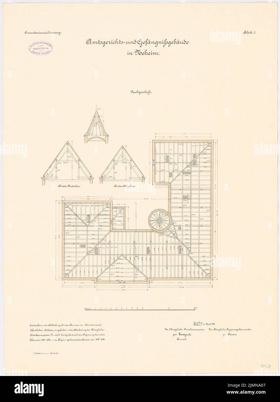 Unbekannter Architekt, Amtsgericht und Gefängnis in Neheim (1896): Grundriß Dachgeschoss mit Dachsparren 1: 100. Lithographie, 71,8 x 53,5 cm (einschließlich Scankanten) Stockfoto