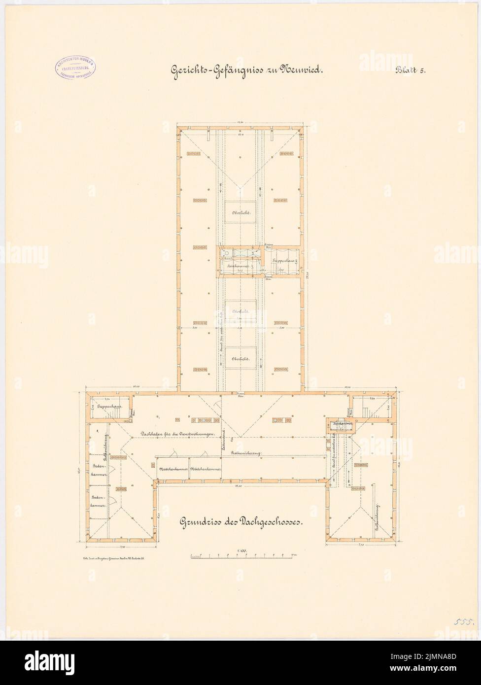 Unbekannter Architekt, Gerichtsstand in Neuwied (ca. 1887): Grundriß Obergeschoß 1: 100. Lithographie, 71,1 x 53,4 cm (einschließlich Scankanten) Stockfoto