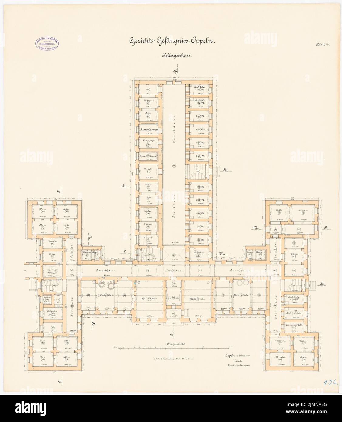 Unbekannter Architekt, Gerichtsstand in Oppeln (1888): Grundriss Keller 1: 100. Lithographie, 76,5 x 66,4 cm (einschließlich Scankanten) Stockfoto