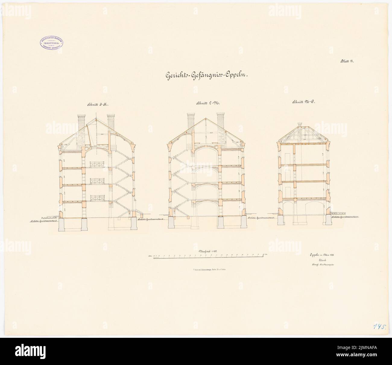 Unbekannter Architekt, Gerichtsstand in Oppeln (1888): Querschnitte 1: 100. Lithographie, 65,8 x 76,5 cm (einschließlich Scankanten) Stockfoto